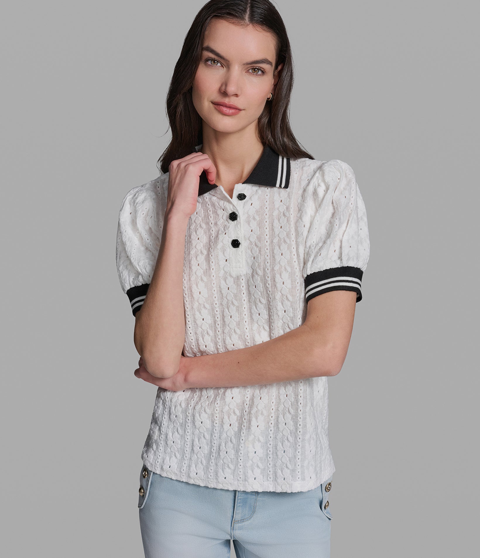 EYELET KNIT POLO View 1 | Women's Sale