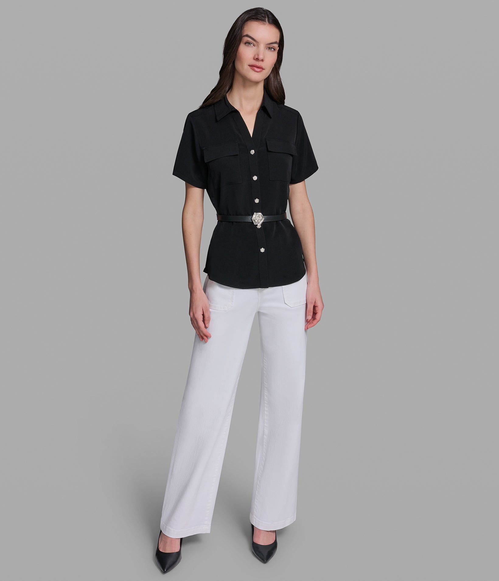 SHORT SLEEVE TOP WITH FLOWER BELT VIEW 4