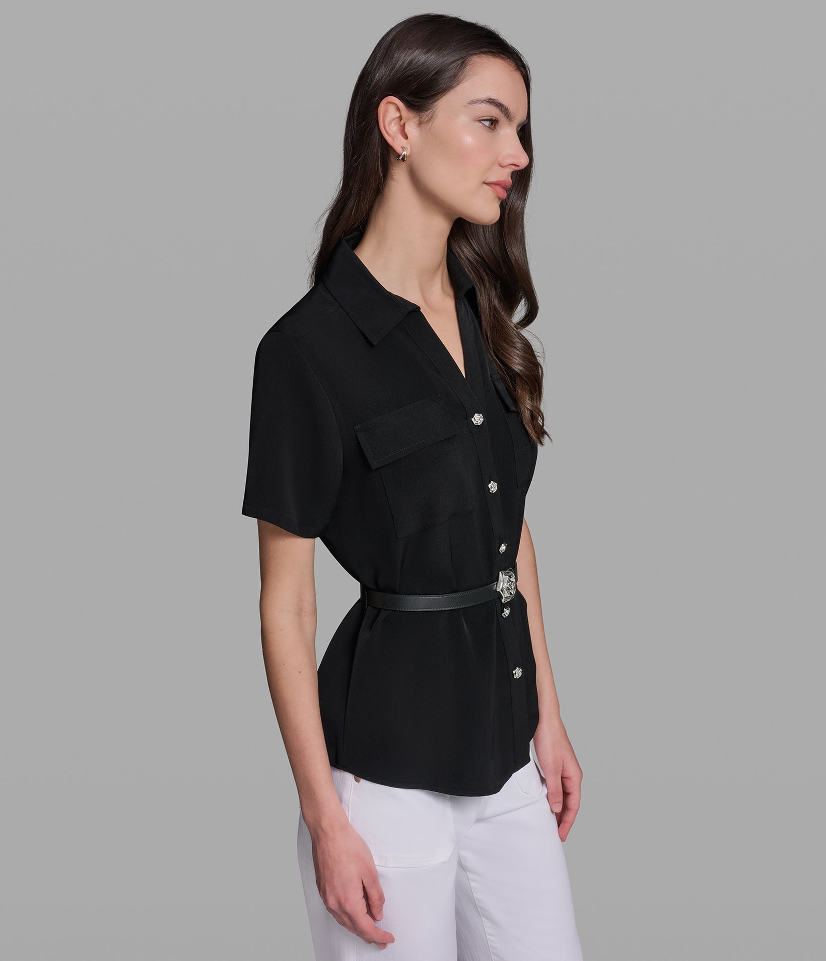 SHORT SLEEVE TOP WITH FLOWER BELT VIEW 3