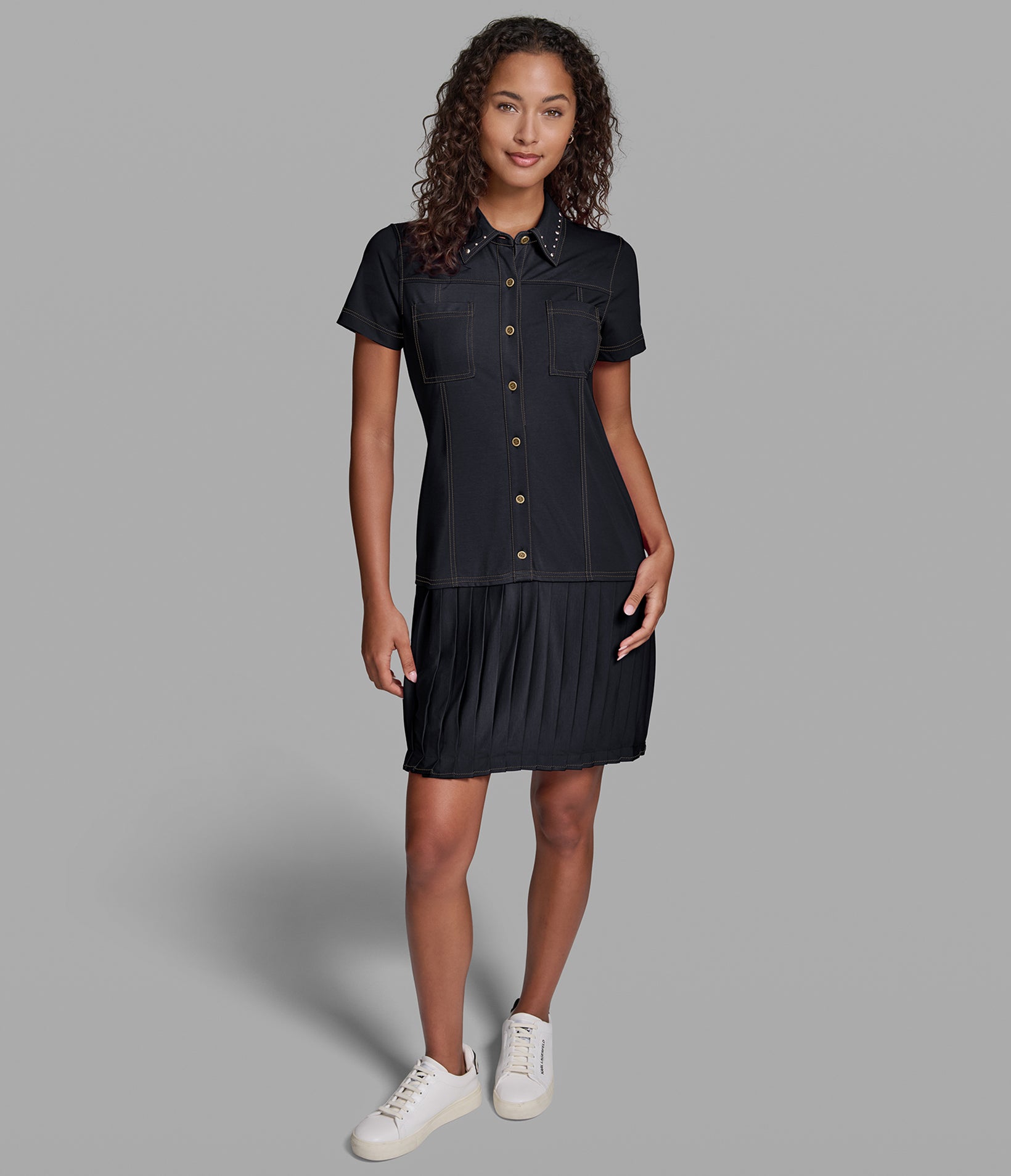CONTRAST STITCH PLEATED SHIRT DRESS VIEW 4 | New Arrivals