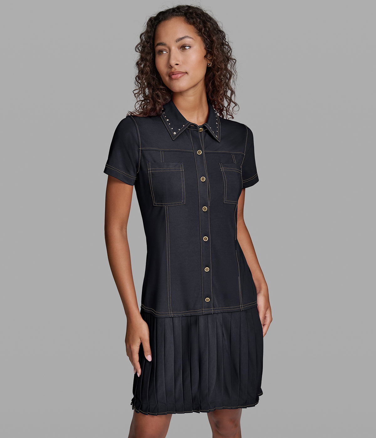 Contrast Stitch Pleated Shirt Dress