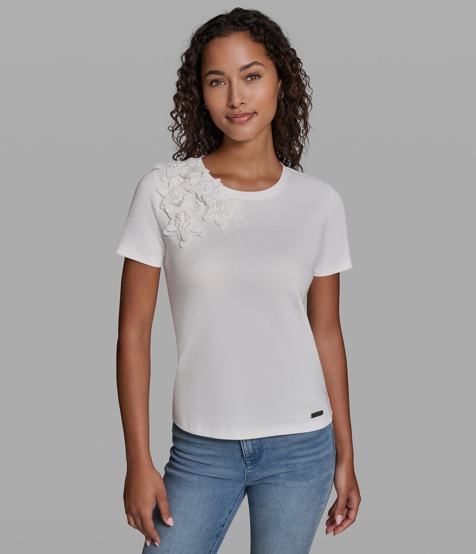 FLORAL APPLIQUE KNIT TOP View 1 | Women's Tees & Tanks