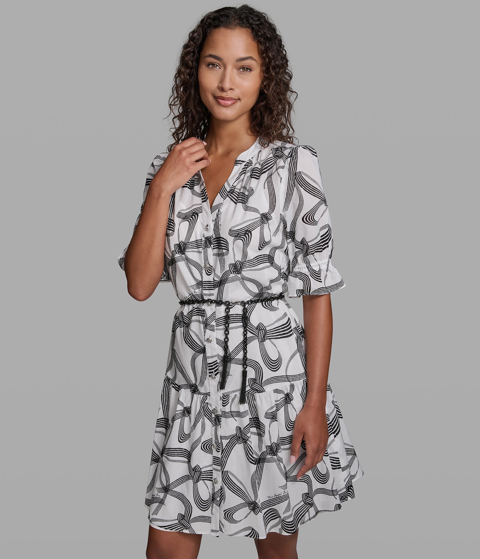 BOW PRINT BELTED DRESS VIEW 1