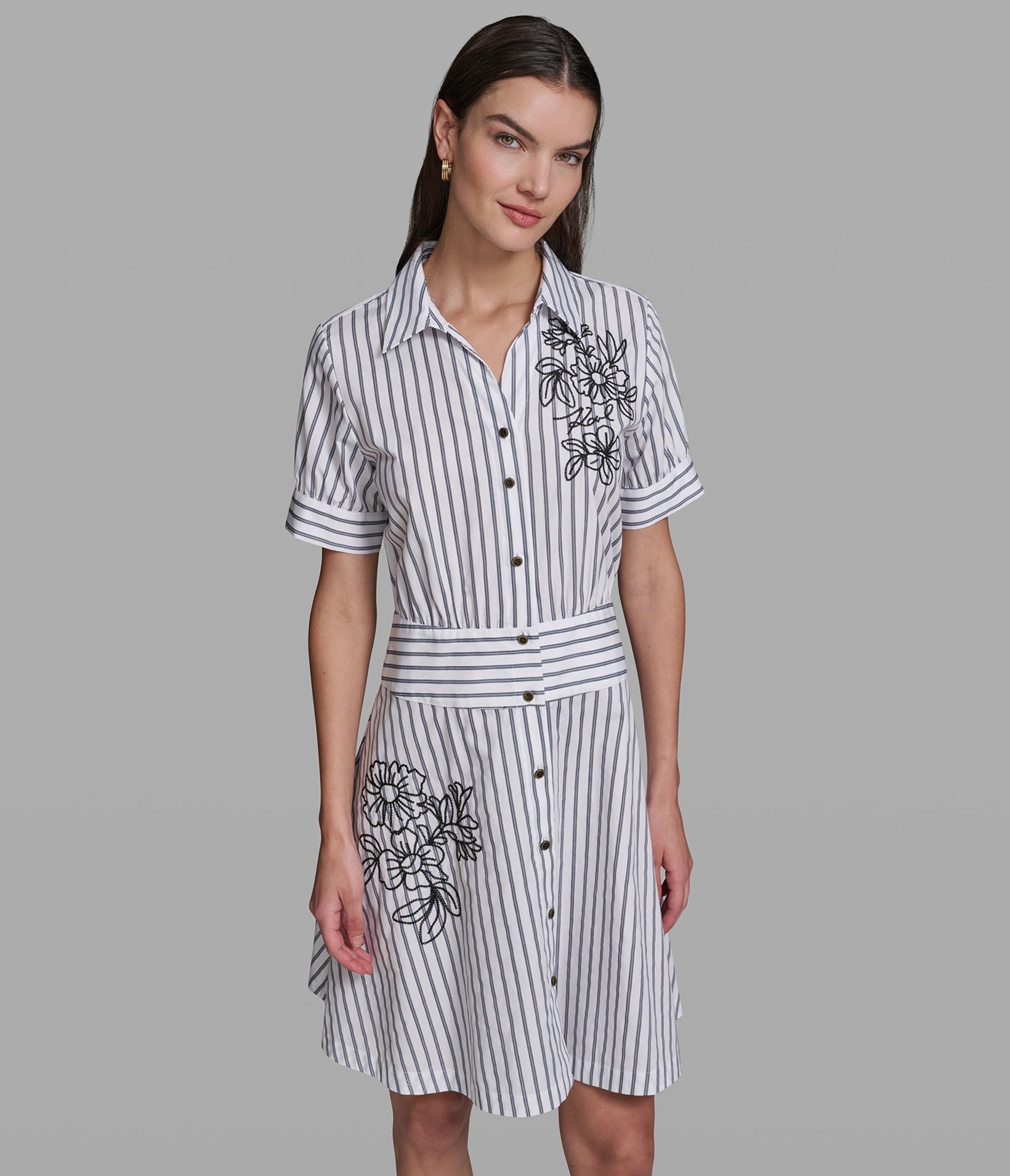 STRIPED EMBROIDERED SHIRT DRESS VIEW 1