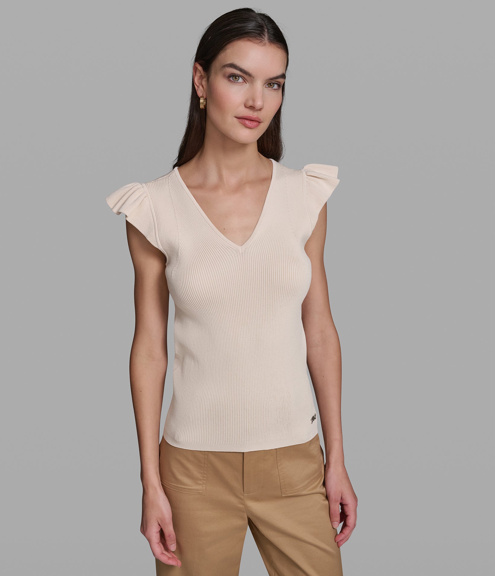 RIBBED CAP SLEEVE V-NECK SWEATER VIEW 3 | Women's Tops & Sweaters