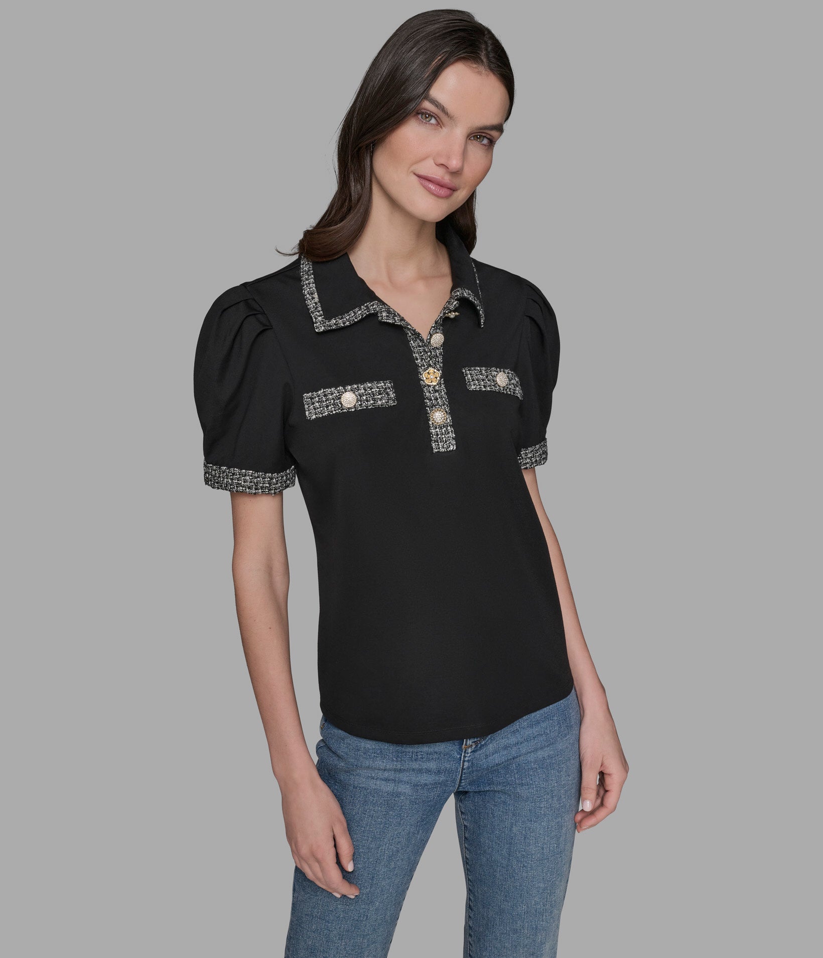 TWEED TRIM POLO VIEW 3 | Women's Tops & Sweaters