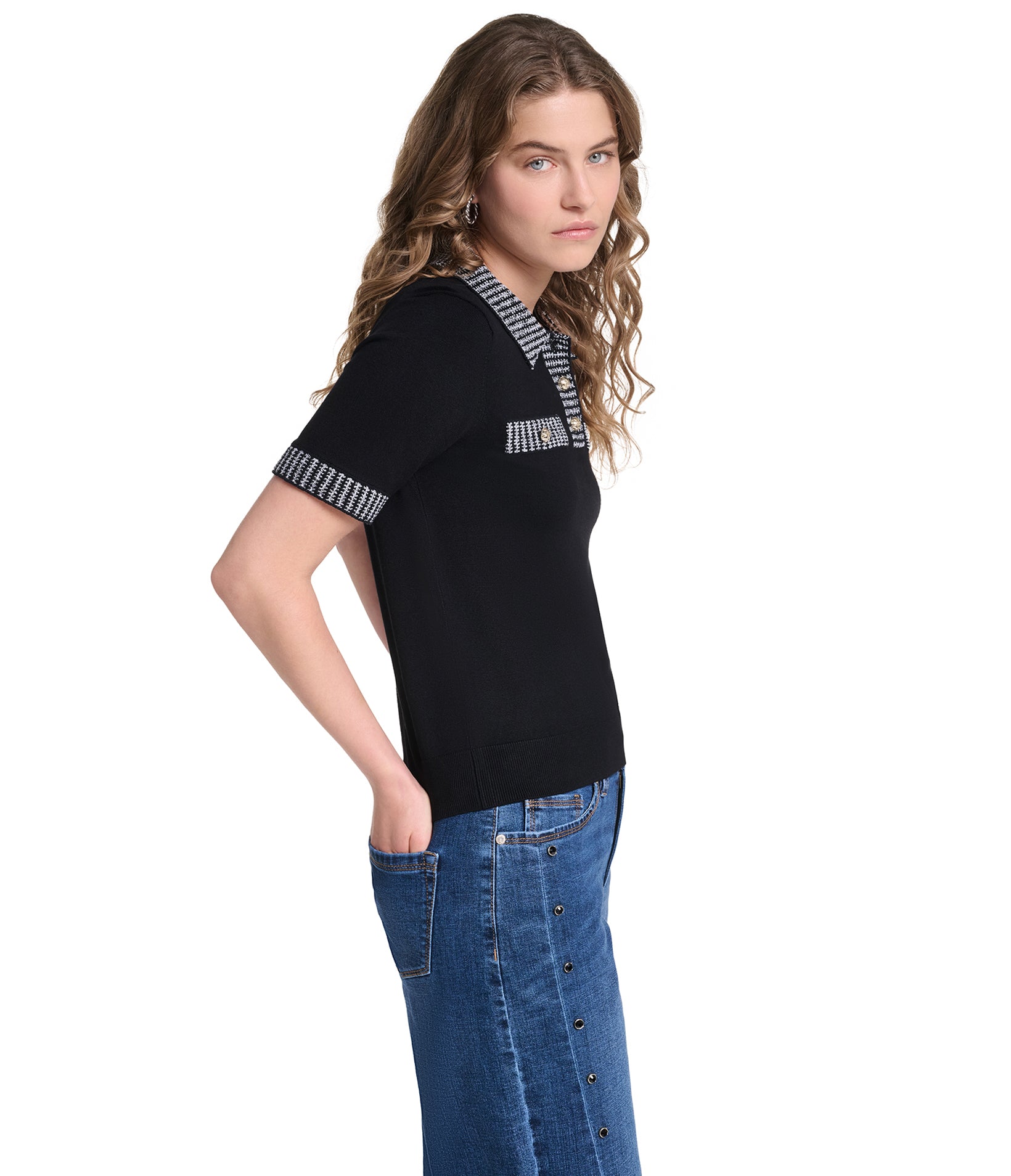 SHORT SLEEVE TWEED TRIM POLO VIEW 8 | Women's Clothing