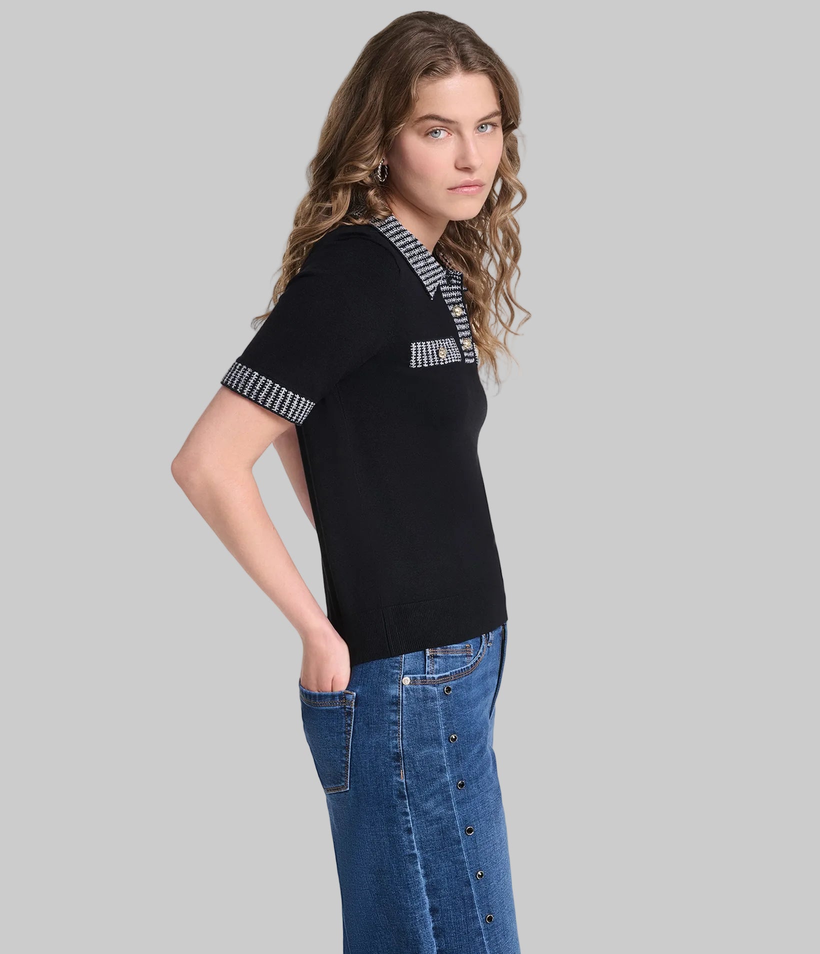 SHORT SLEEVE TWEED TRIM POLO VIEW 3 | Women's Tees & Tanks