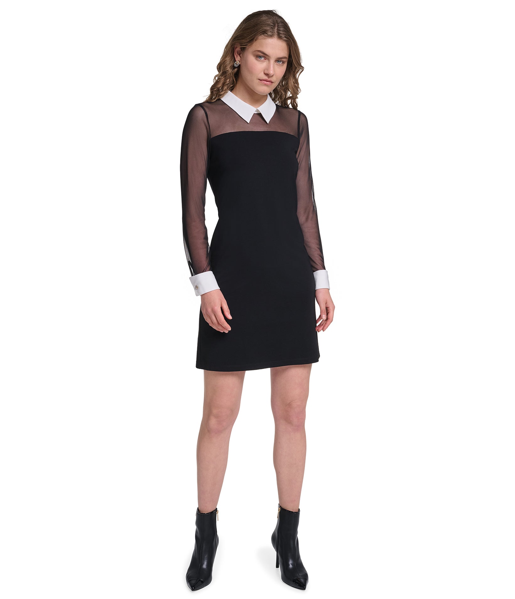 LONG SLEEVE COLLAR TWOFER MESH DRESS VIEW 5
