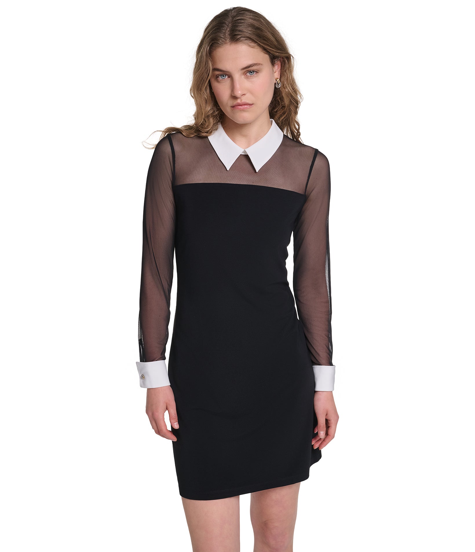 LONG SLEEVE COLLAR TWOFER MESH DRESS VIEW 1