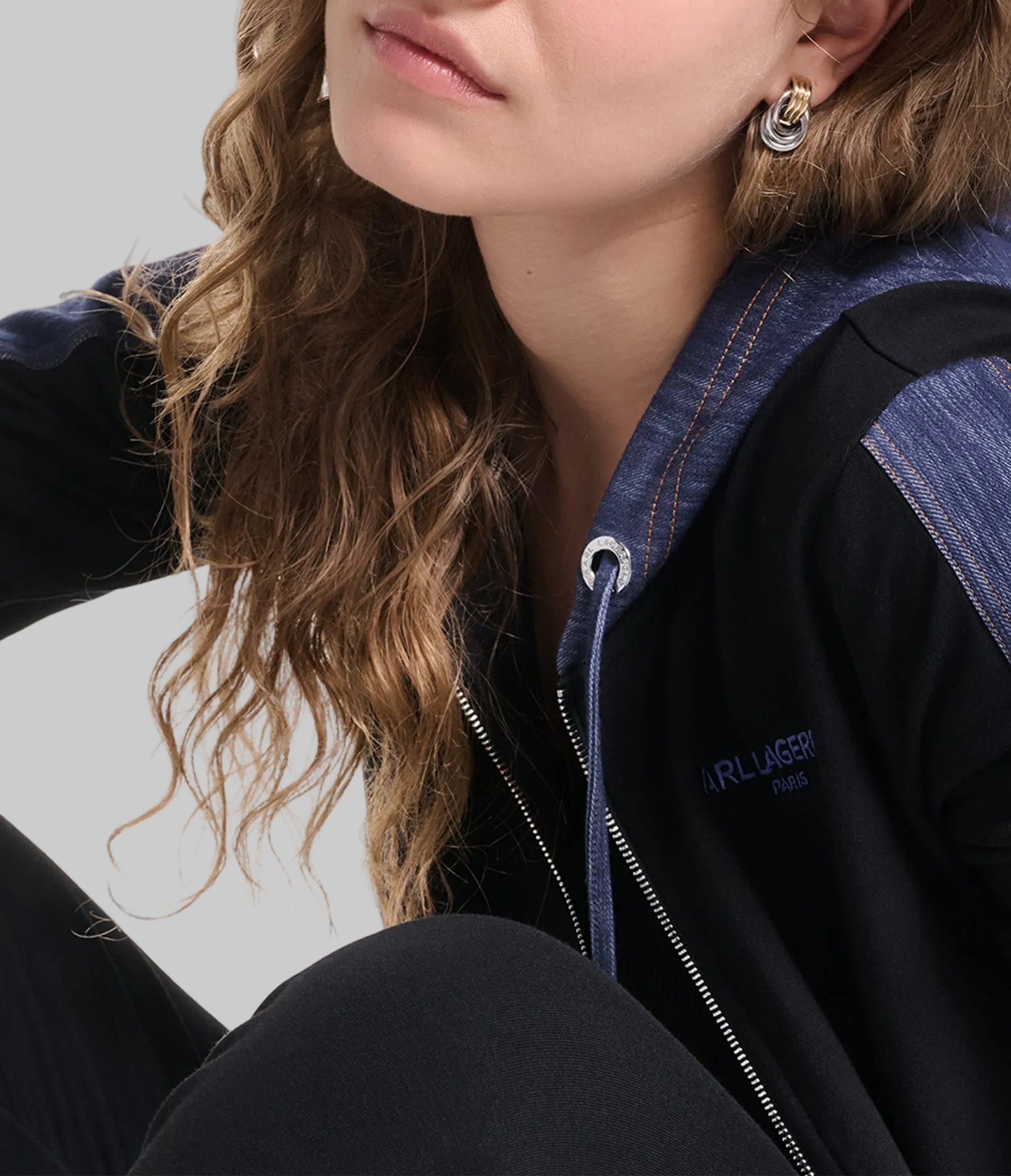 DENIM TRIM HALF ZIP-UP HOODIE VIEW 8