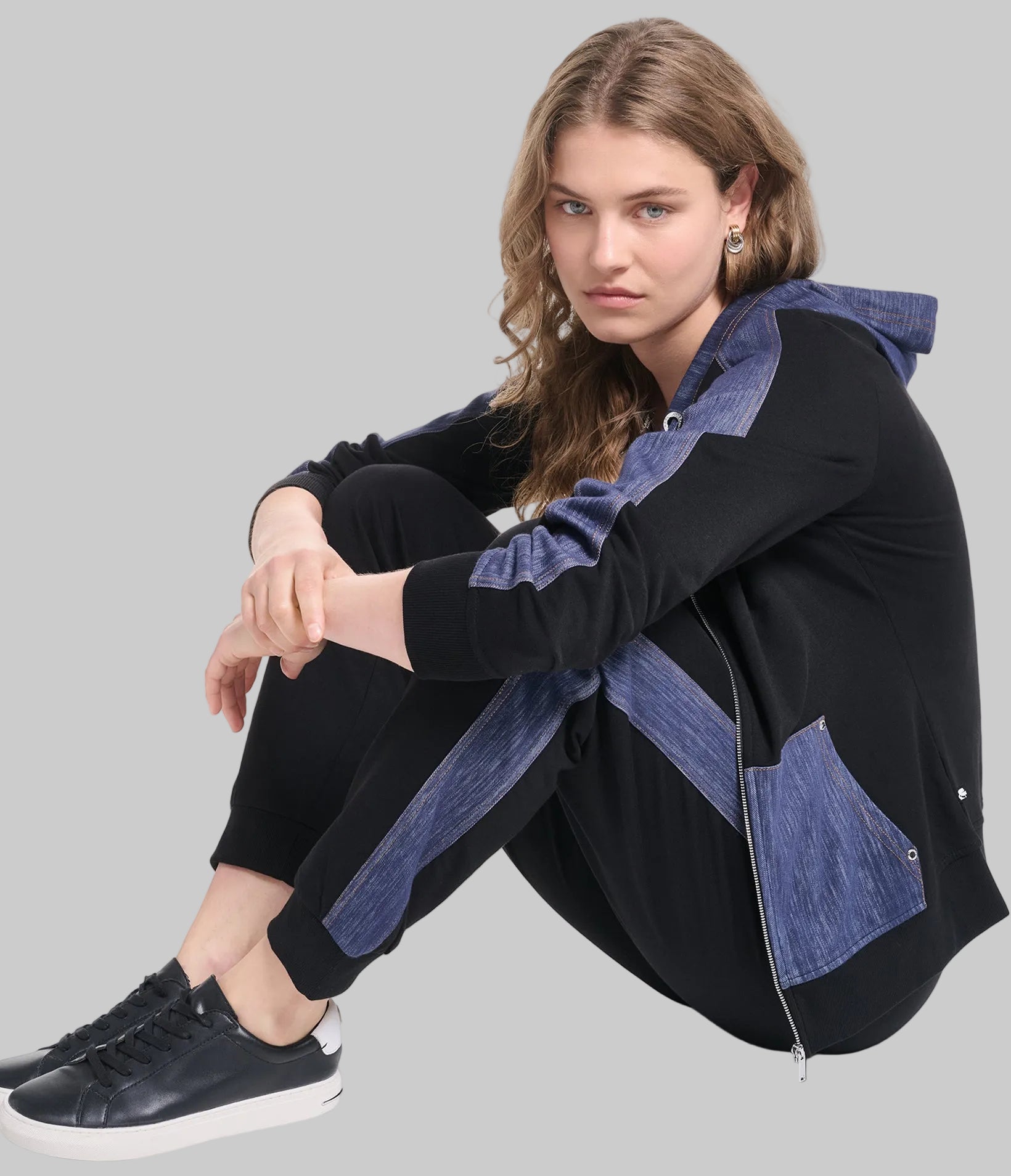 Denim Trim Half Zip Up Hoodie | Athleisure | Karl Lagerfeld Paris