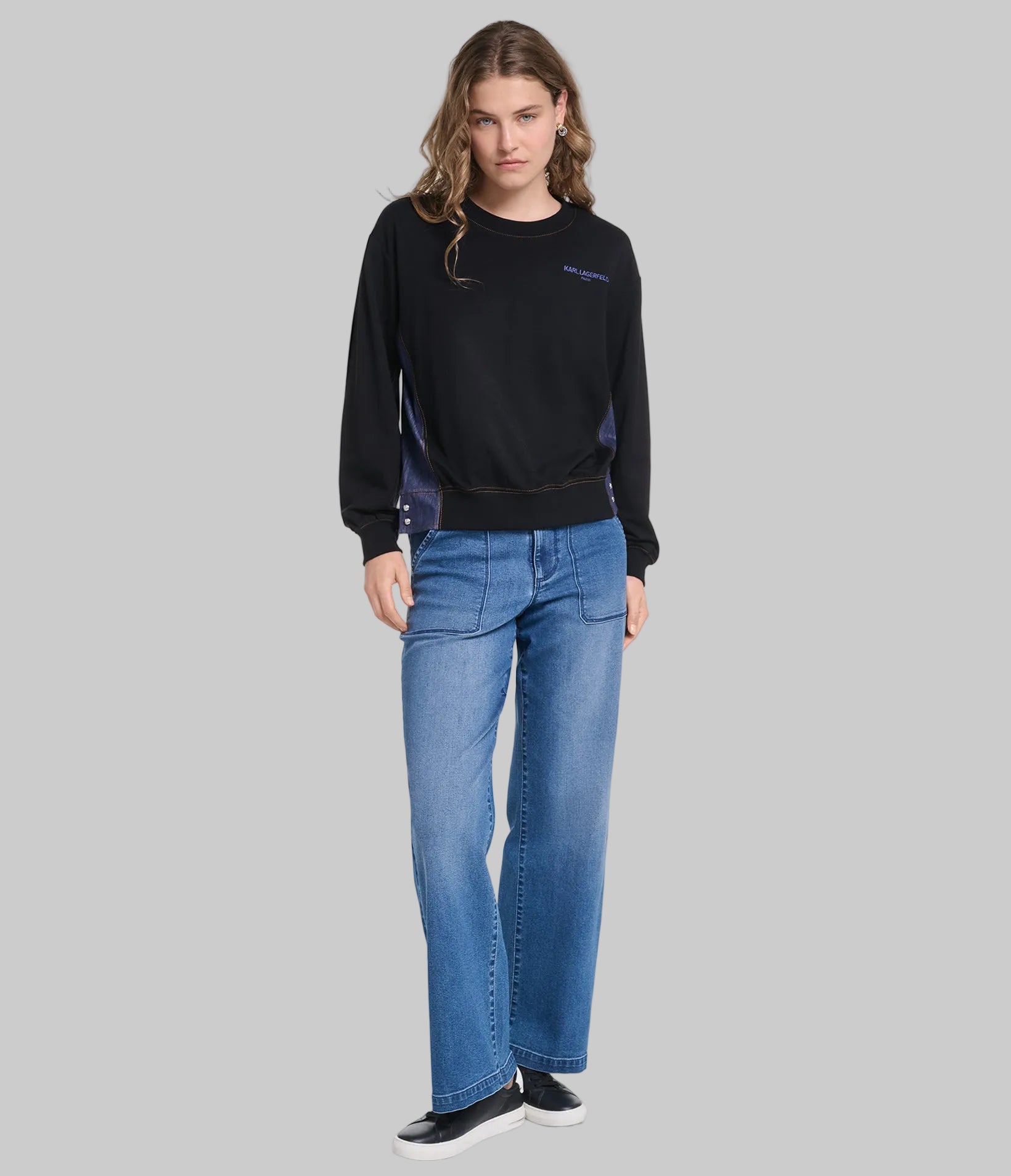 LONG SLEEVE DENIM TRIM CREW SWEATSHIRT VIEW 6