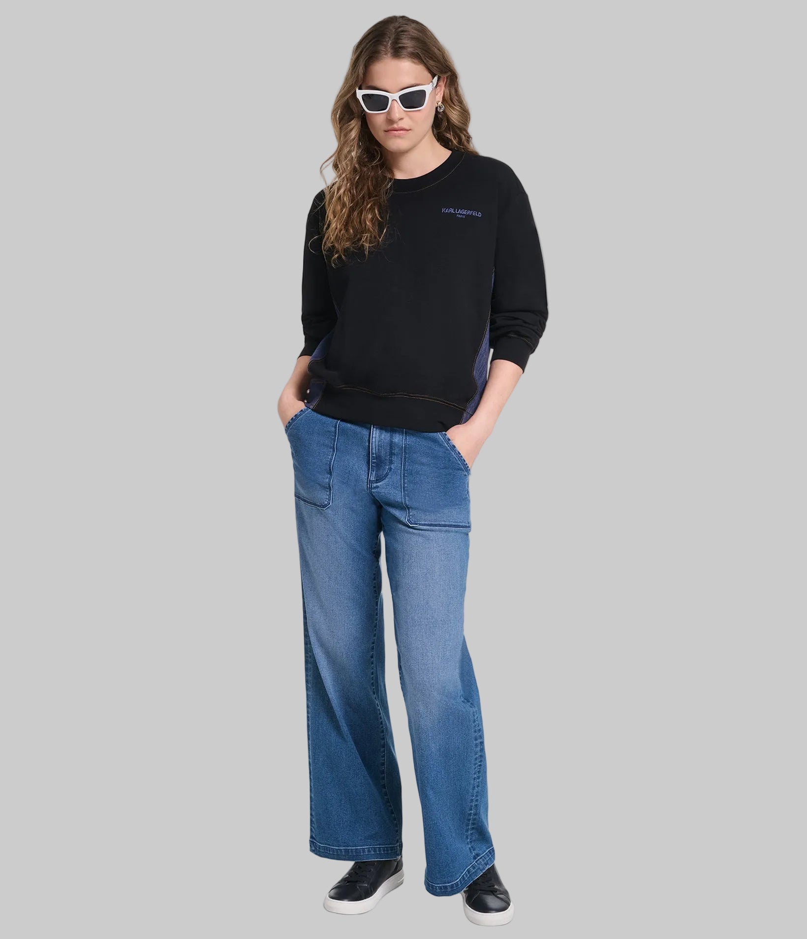 LONG SLEEVE DENIM TRIM CREW SWEATSHIRT View 1 | New Arrivals