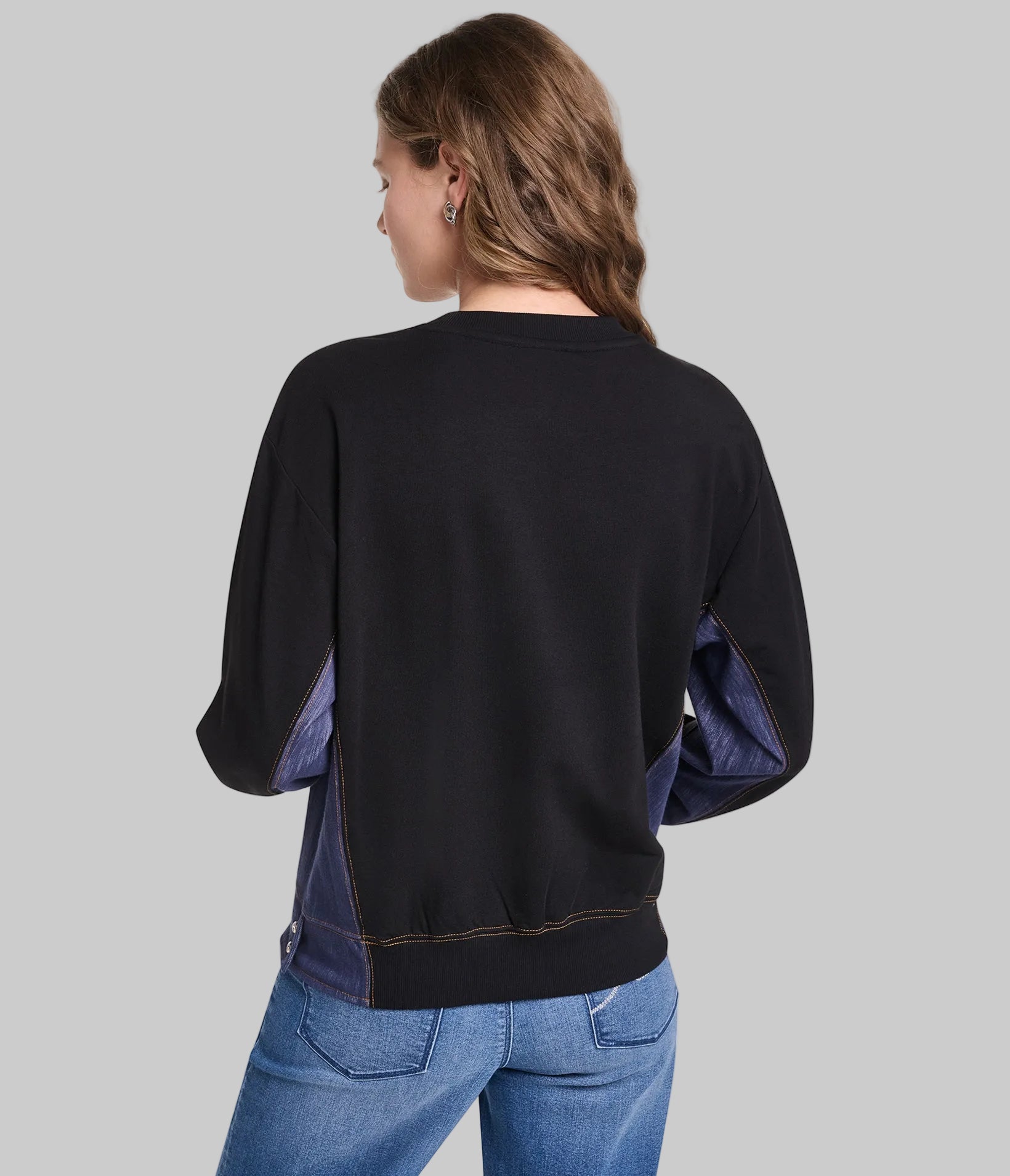 LONG SLEEVE DENIM TRIM CREW SWEATSHIRT VIEW 3