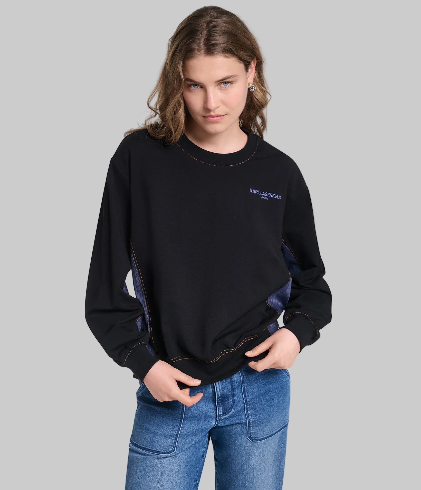 LONG SLEEVE DENIM TRIM CREW SWEATSHIRT View 2 | New Arrivals