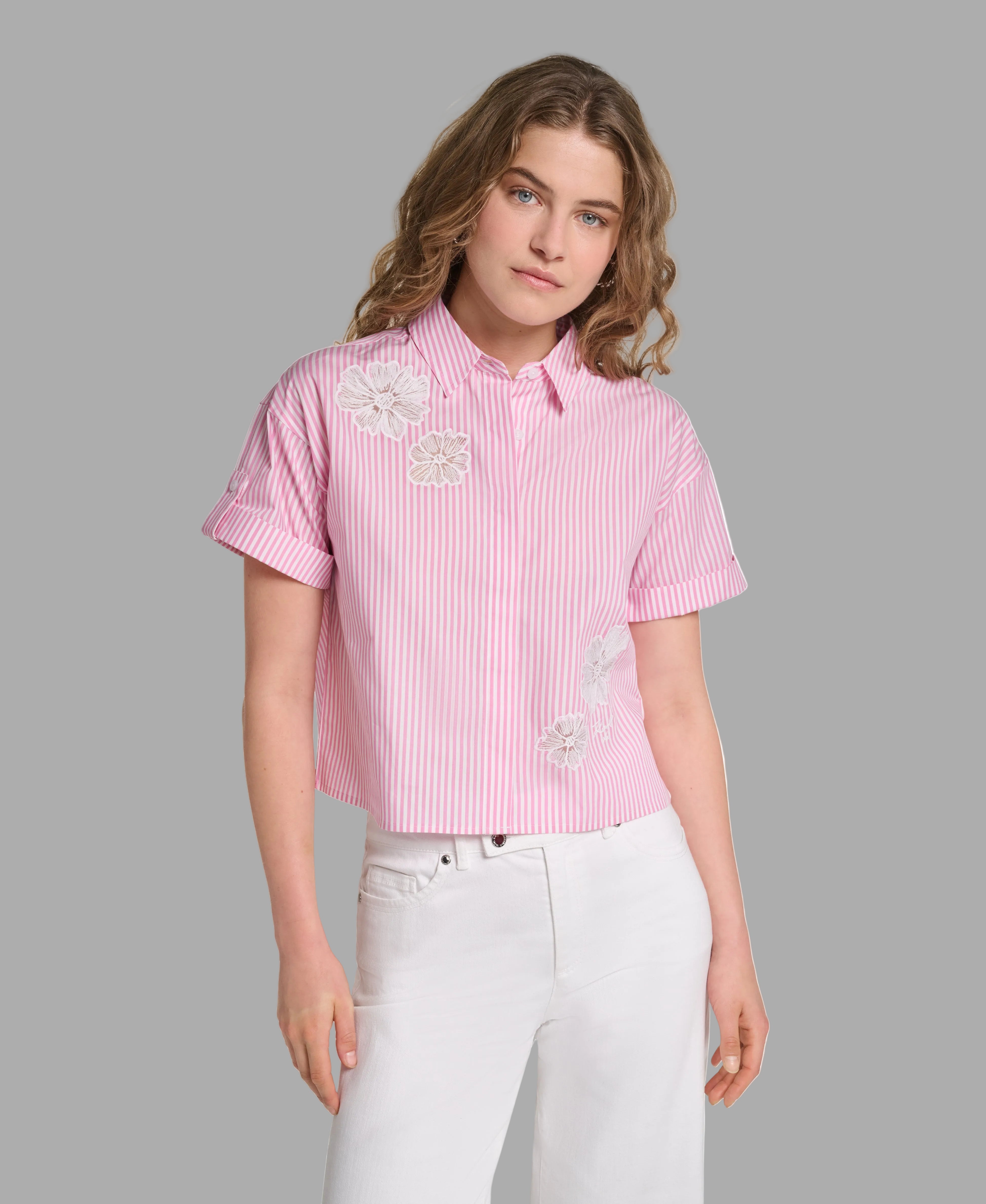 EMBROIDERED FLORAL POPLIN SHIRT VIEW 1