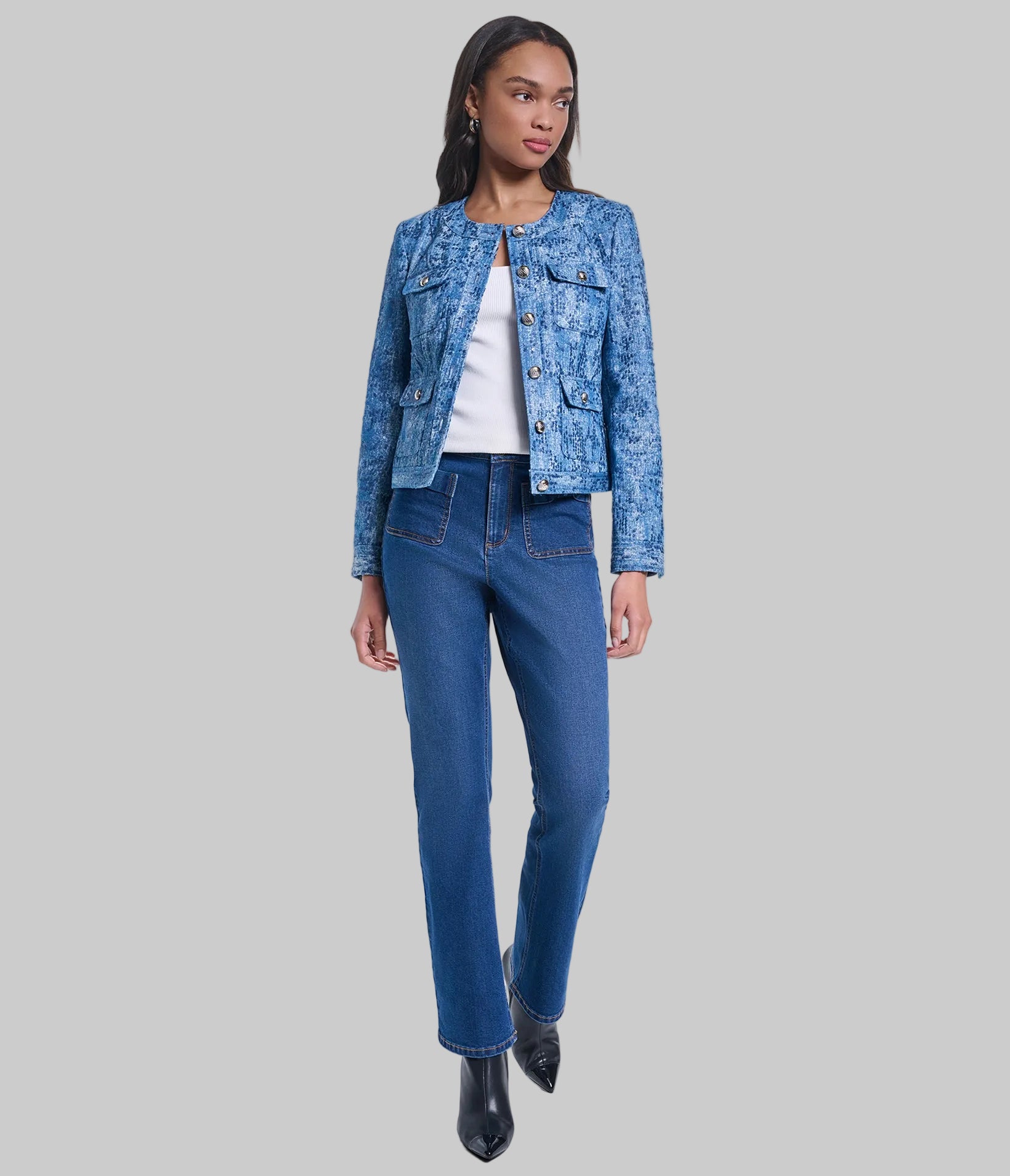CO-ORD SEQUIN COLLARLESS DENIM JACKET VIEW 4 | New Women's Clothing