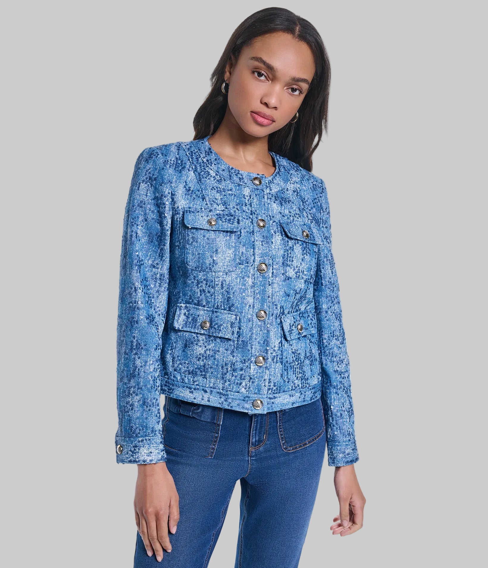 CO-ORD SEQUIN COLLARLESS DENIM JACKET View 1 | New Women's Clothing