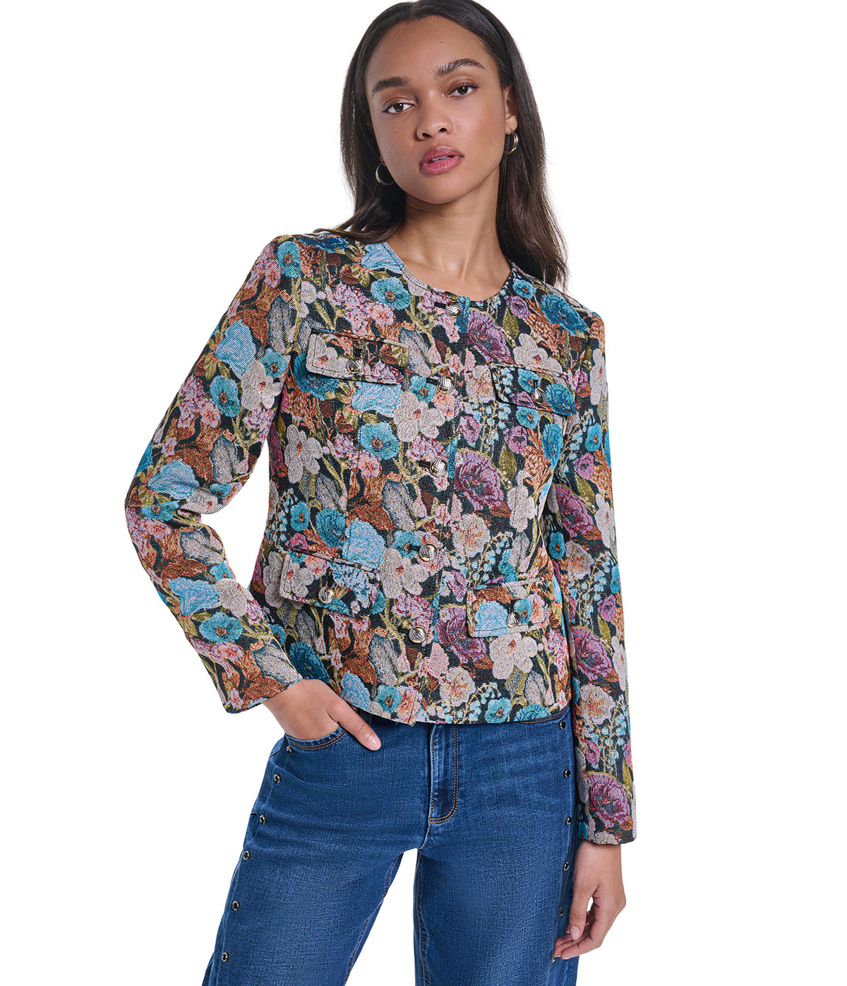 COLLARLESS FLORAL JACKET VIEW 1