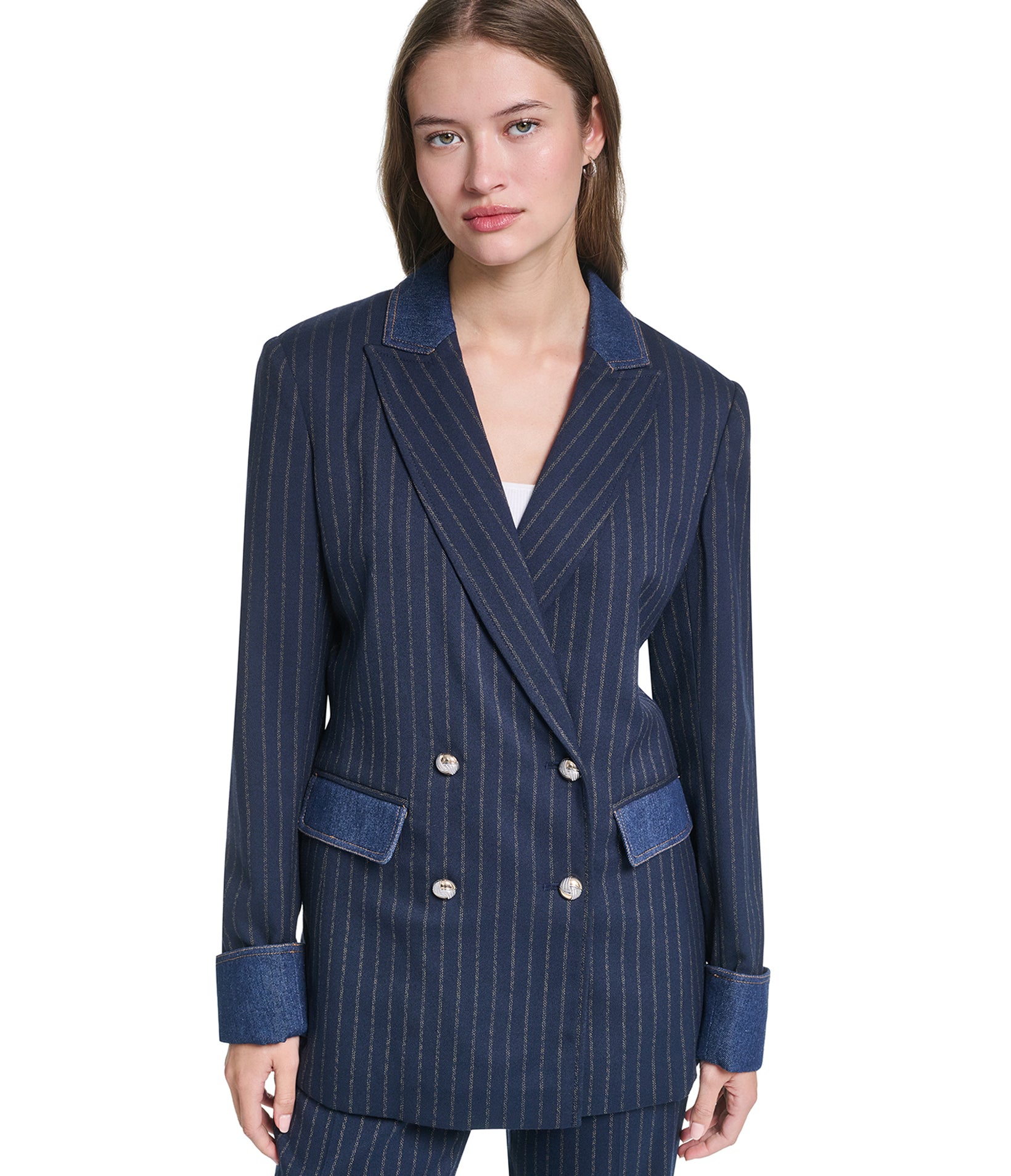 DENIM TRIM PINSTRIPE BLAZER VIEW 2