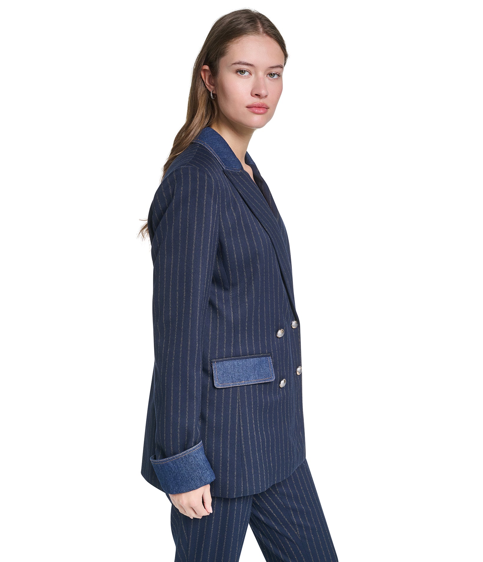 DENIM TRIM PINSTRIPE BLAZER VIEW 4