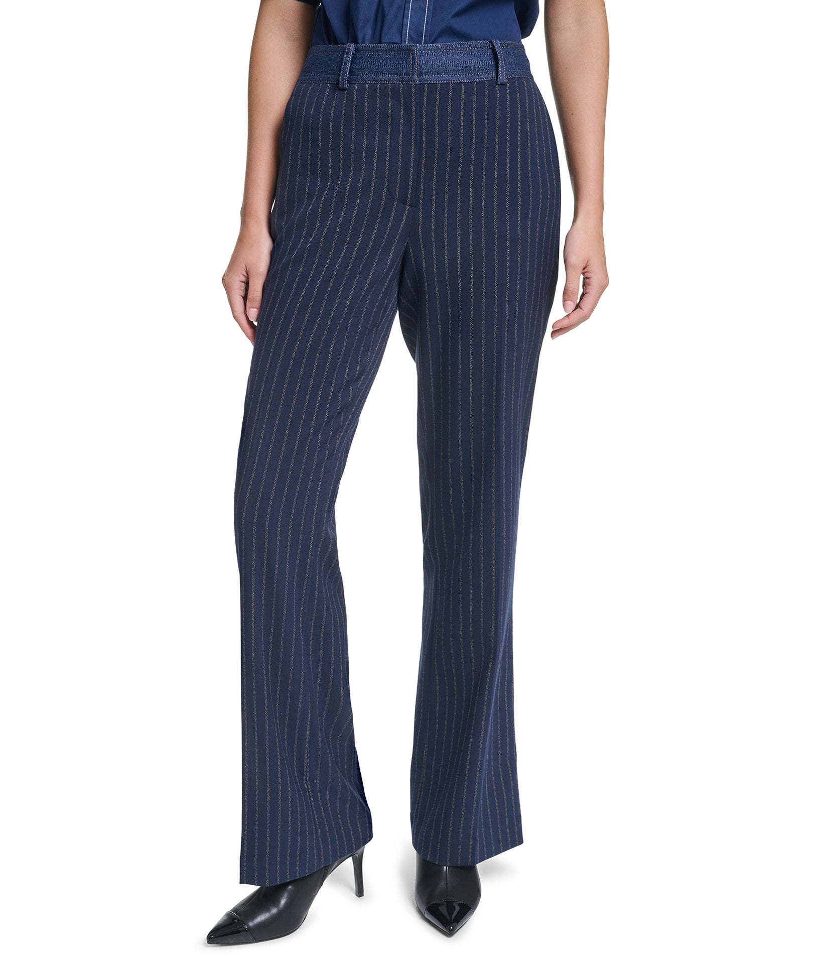 WIDE LEG DENIM TRIM PINSTRIPE PANT VIEW 1
