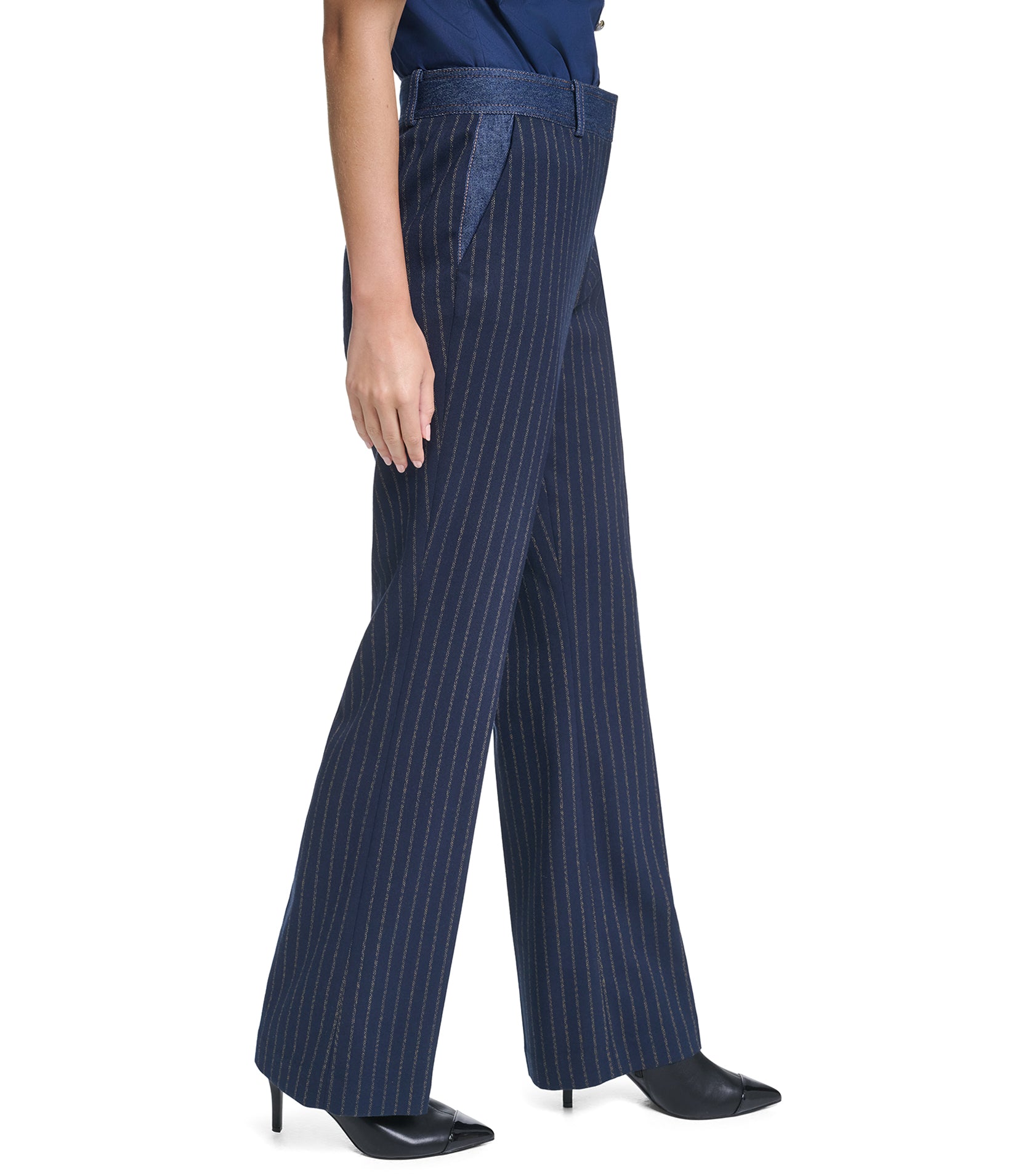 WIDE LEG DENIM TRIM PINSTRIPE PANT VIEW 3
