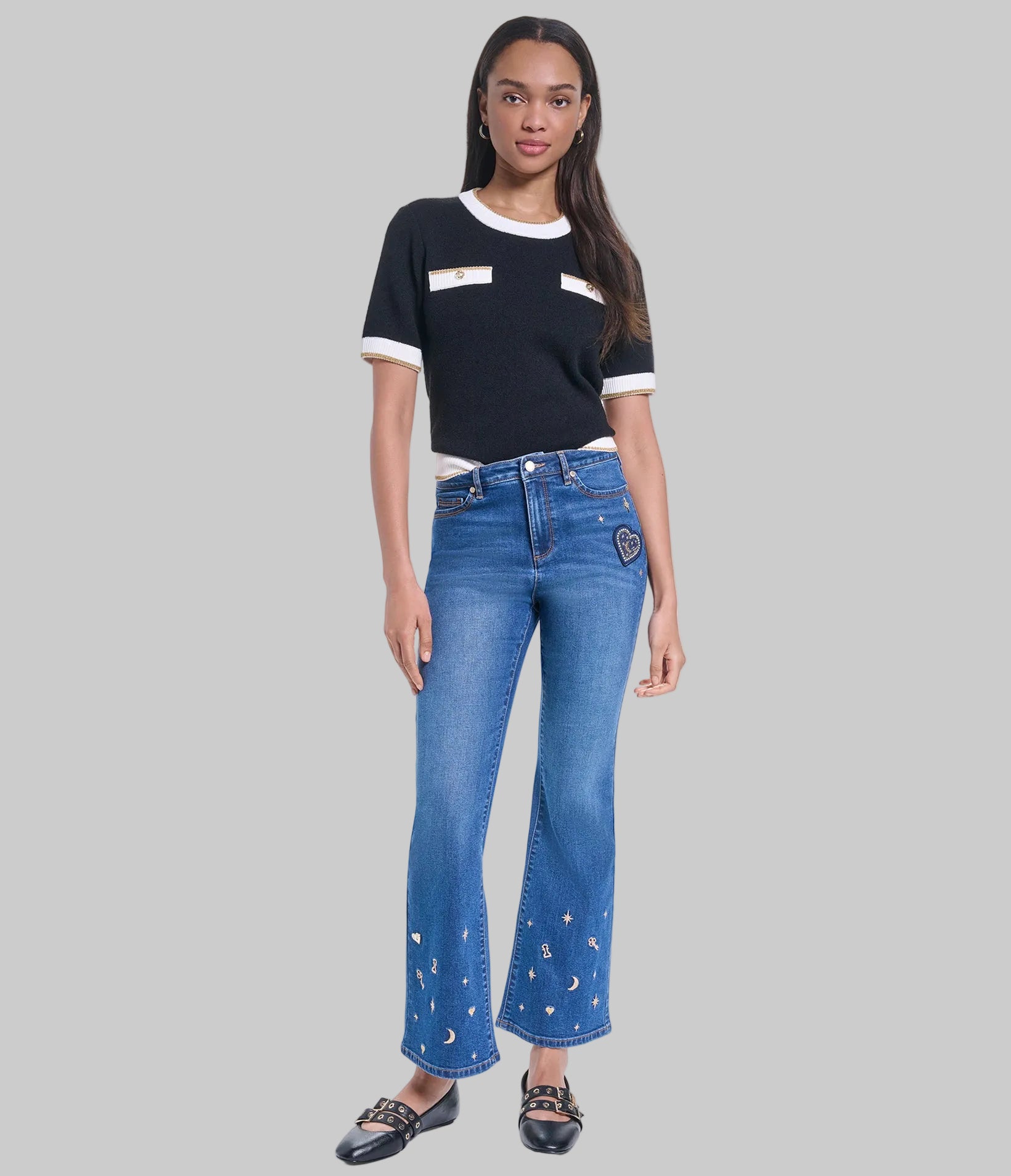 EMBROIDERED KEYS FLARE DENIM PANT VIEW 5
