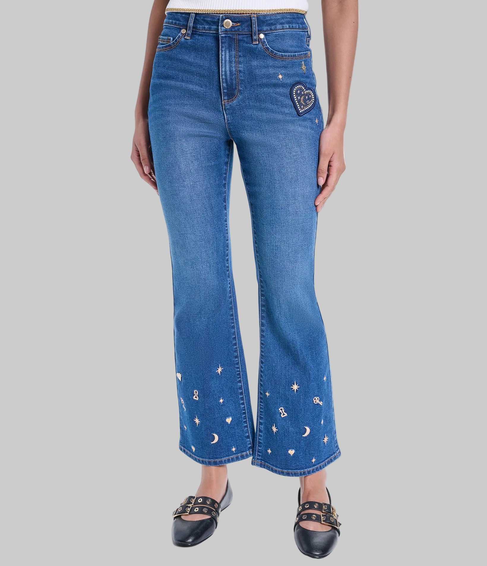 EMBROIDERED KEYS FLARE DENIM PANT VIEW 1