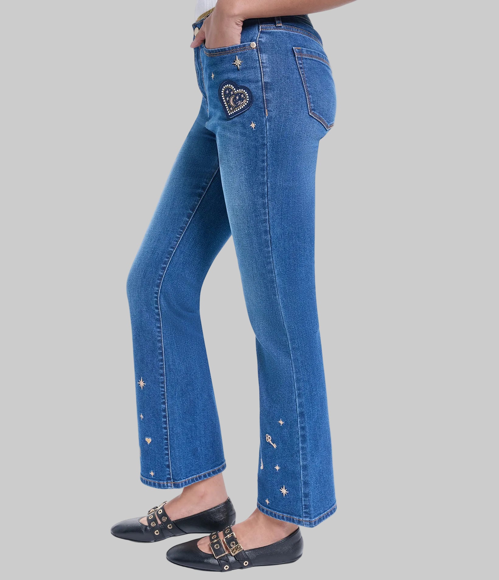 EMBROIDERED KEYS FLARE DENIM PANT VIEW 3