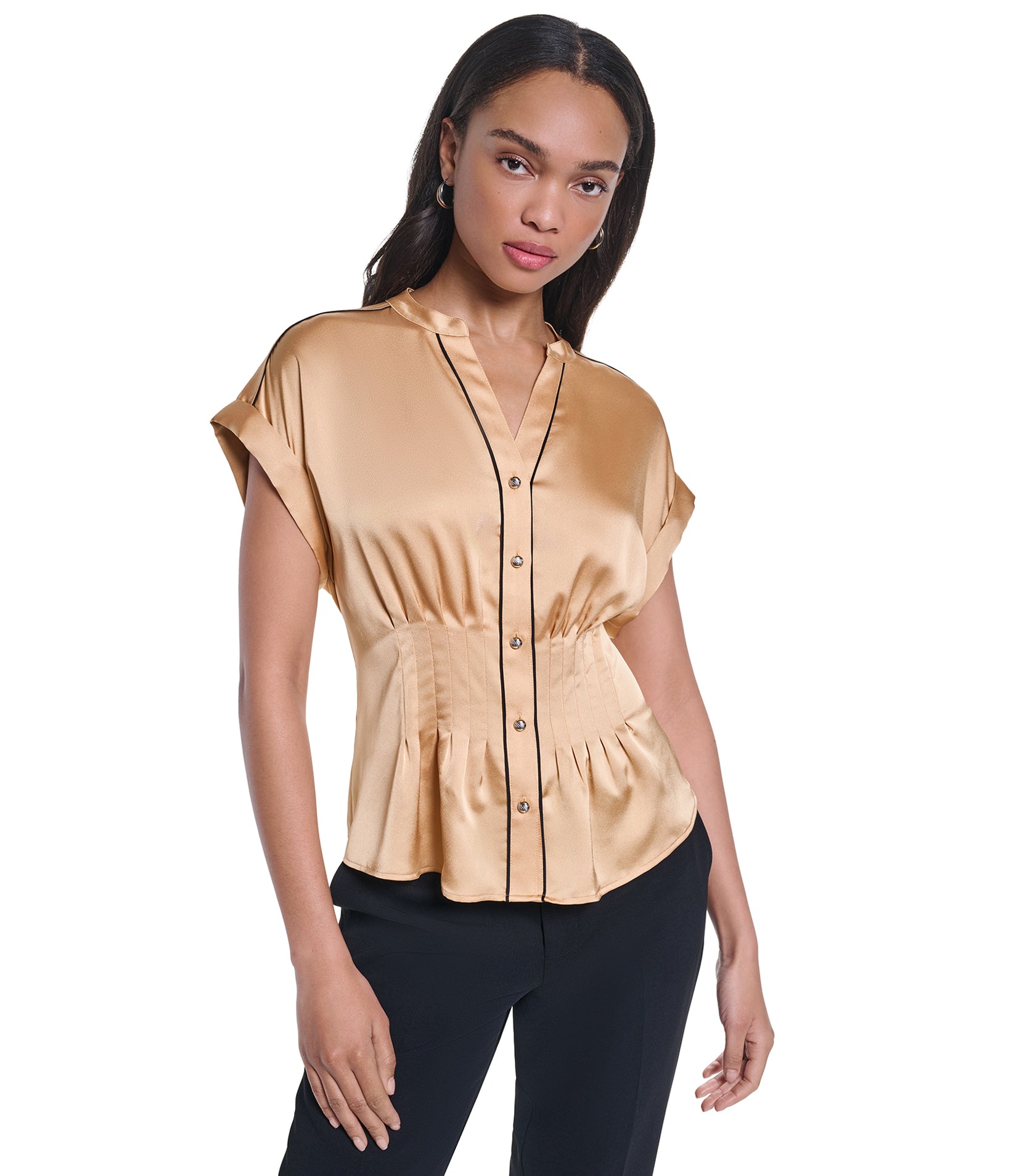SHORT SLEEVE PLEATED BUTTON DOWN VIEW 1