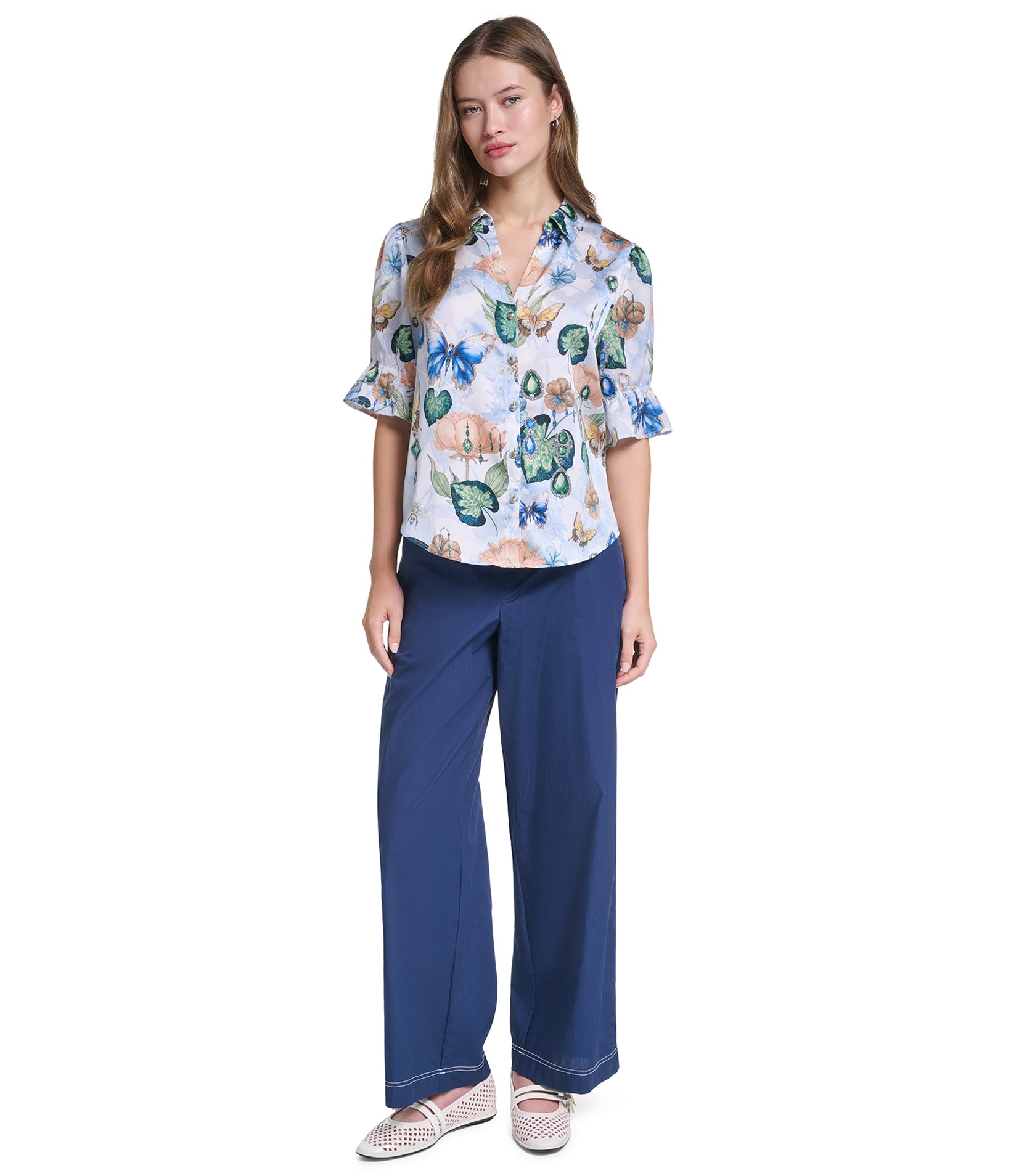 SHORT SLEEVE MULTI FLORAL WOVEN TOP VIEW 5