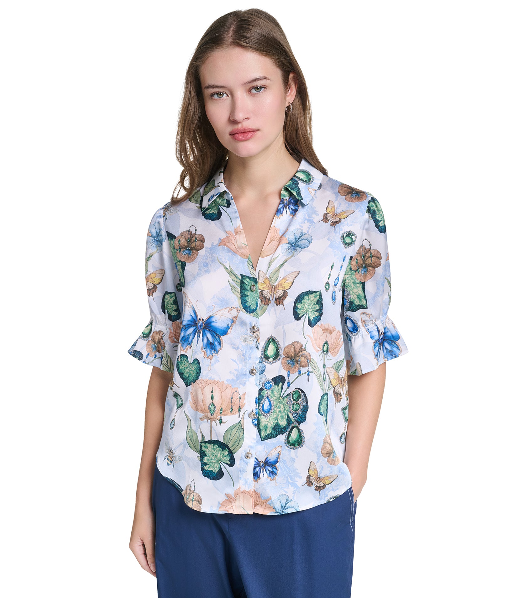 SHORT SLEEVE MULTI FLORAL WOVEN TOP VIEW 1