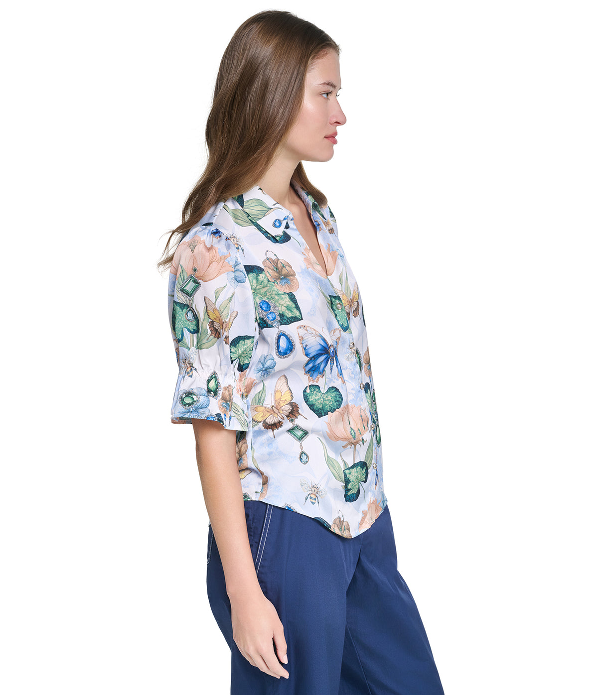 SHORT SLEEVE MULTI FLORAL WOVEN TOP VIEW 3