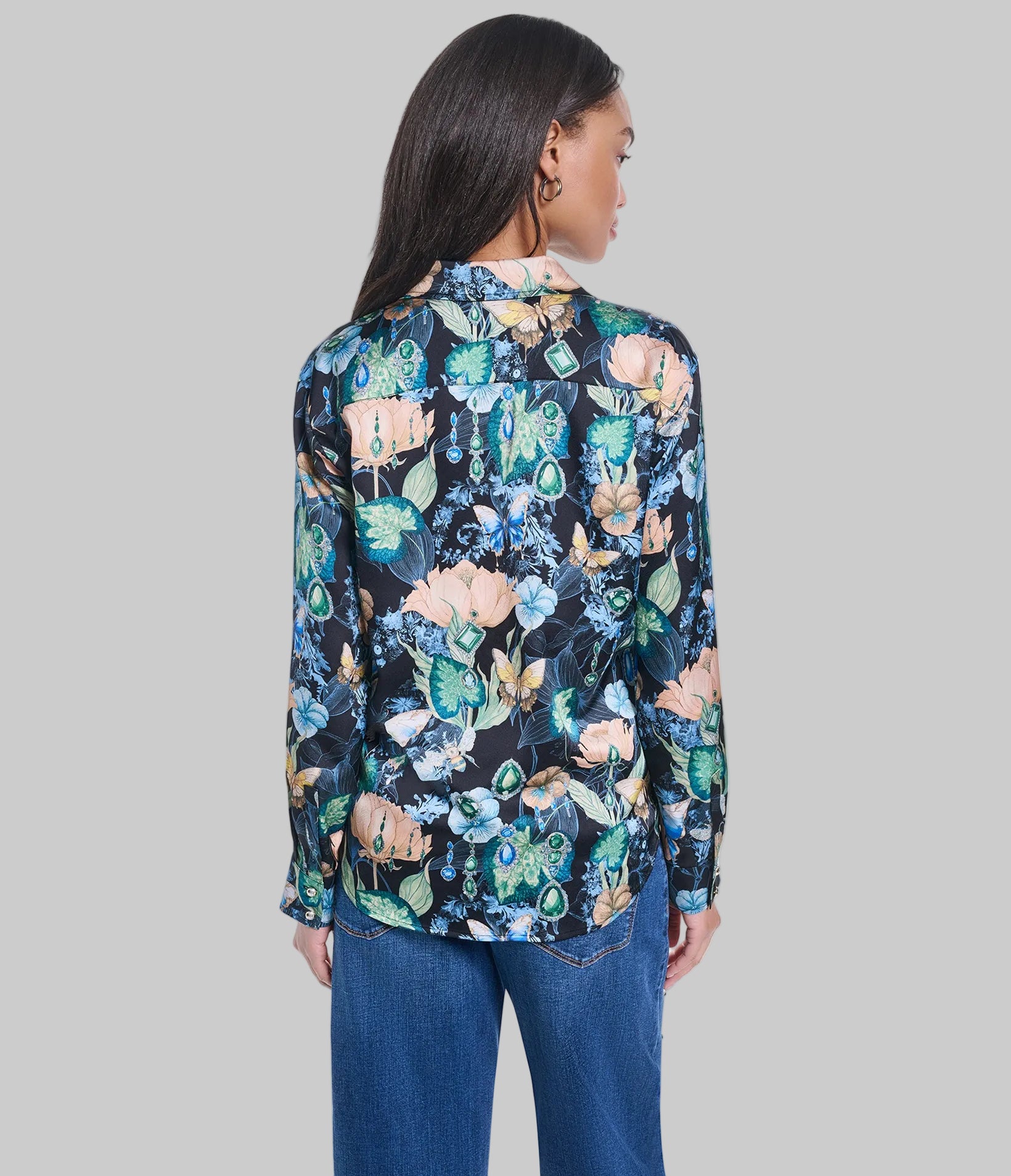 LONG SLEEVE FLORAL PRINTED SATIN VIEW 2