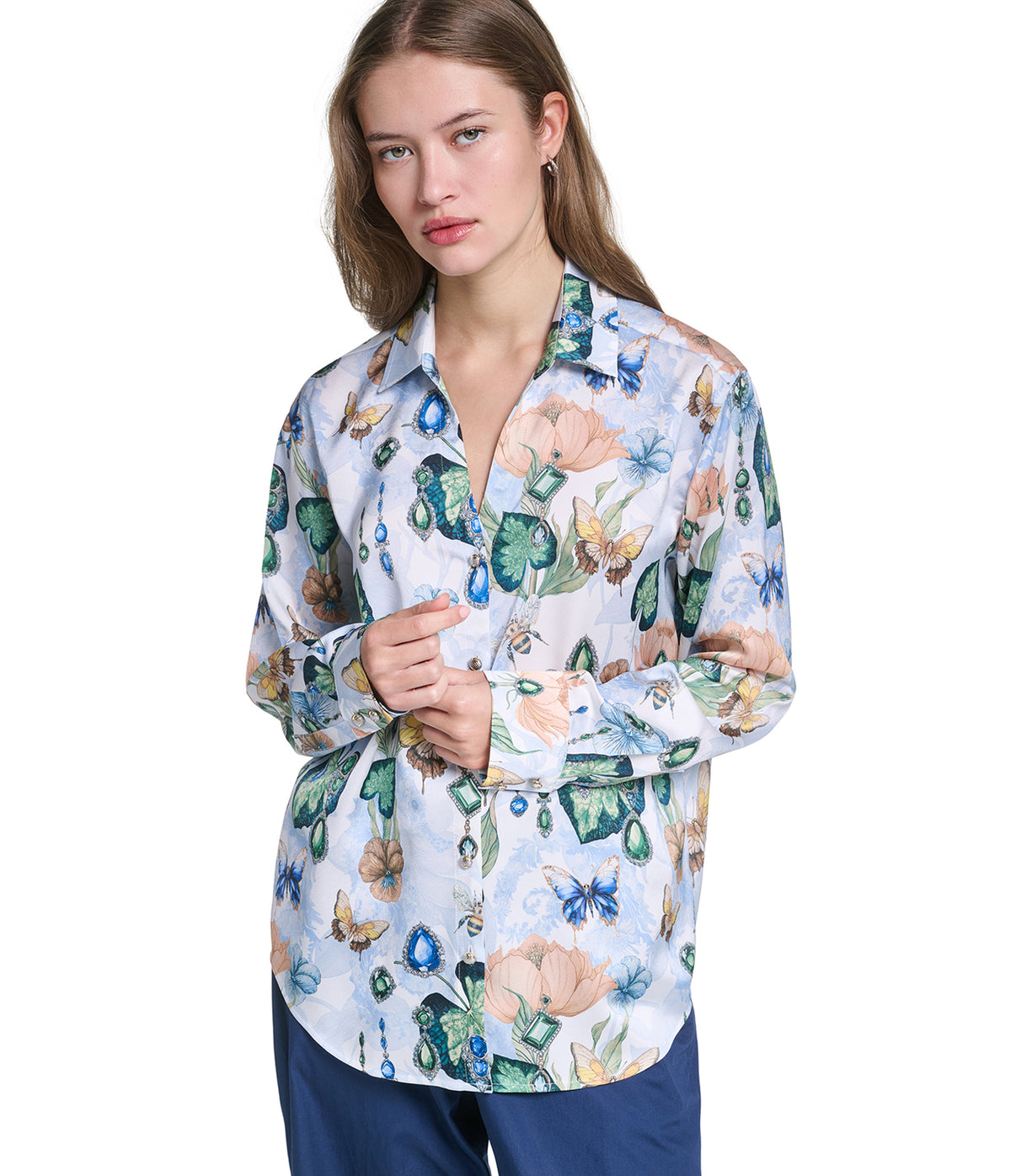 LONG SLEEVE FLORAL PRINTED SATIN TOP VIEW 1