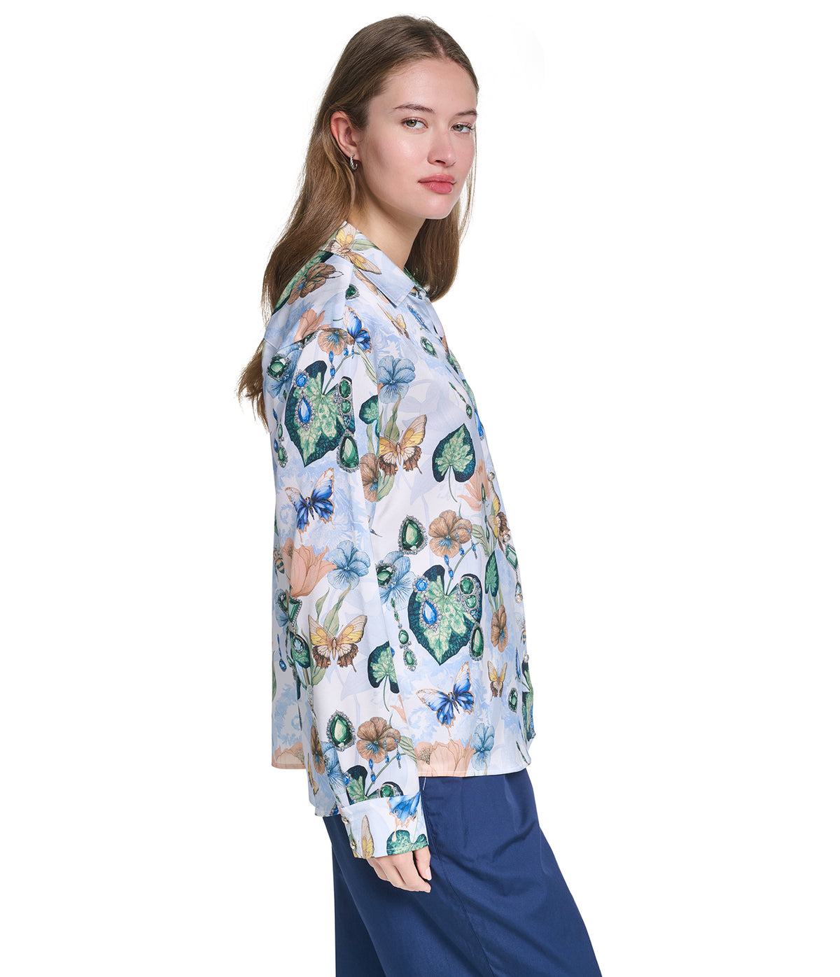 LONG SLEEVE FLORAL PRINTED SATIN TOP VIEW 3