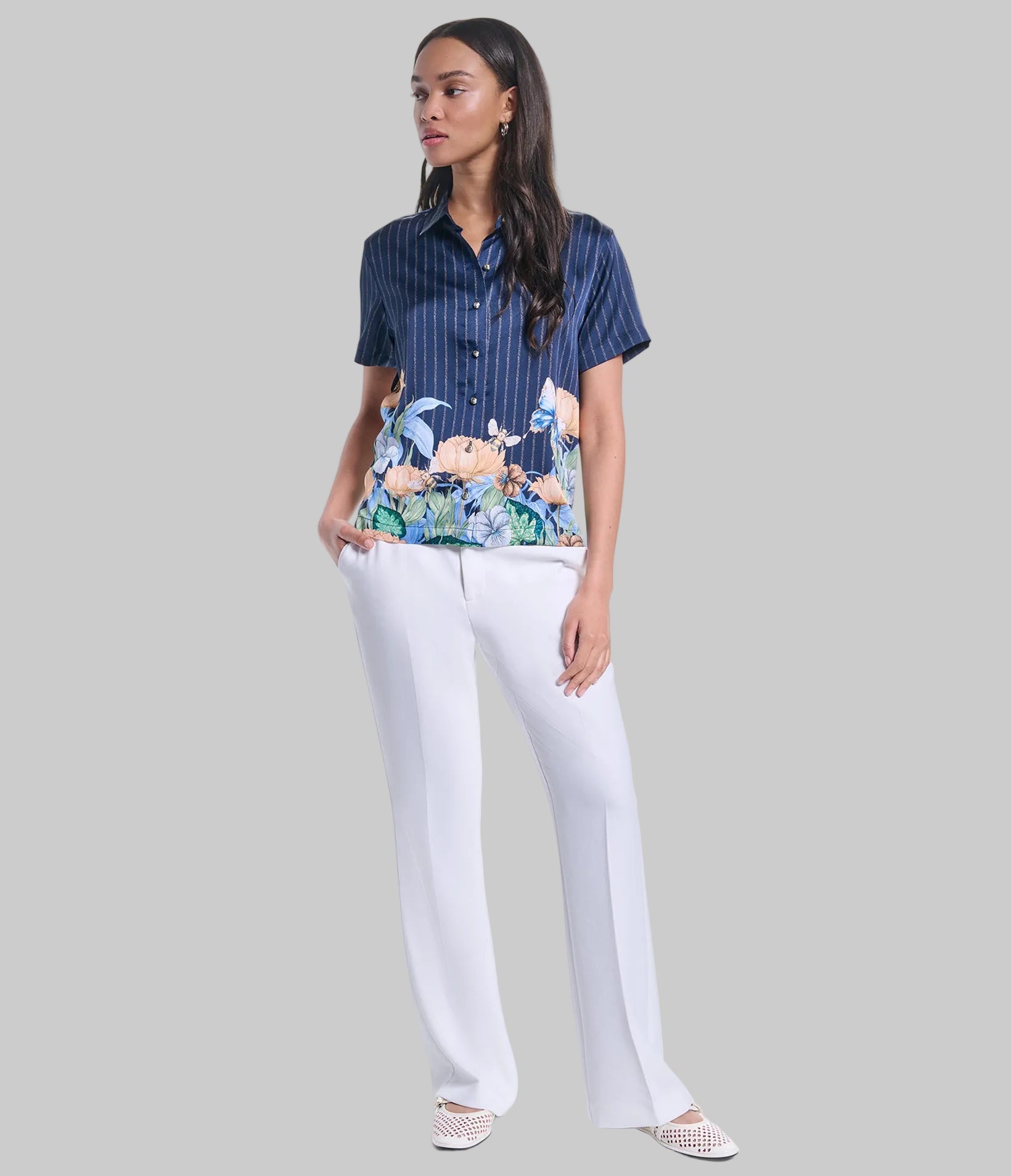 SHORT SLEEVE FLORAL PRINT SOFT BLOUSE VIEW 5