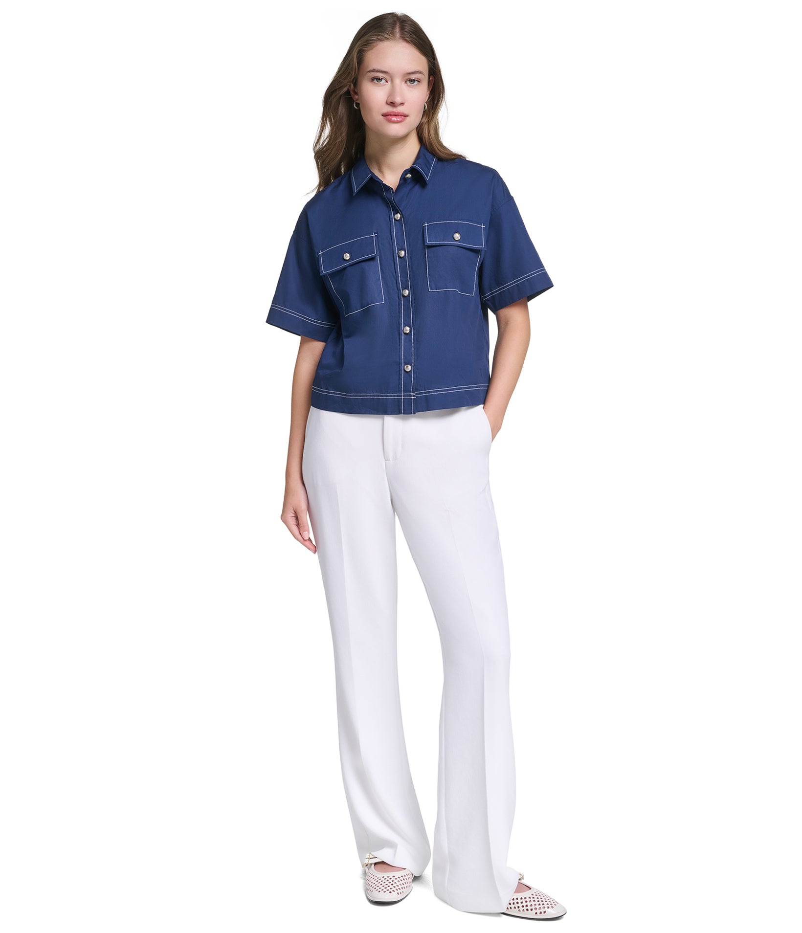 SHORT SLEEVE CROPPED POPLIN BUTTON DOWN VIEW 4