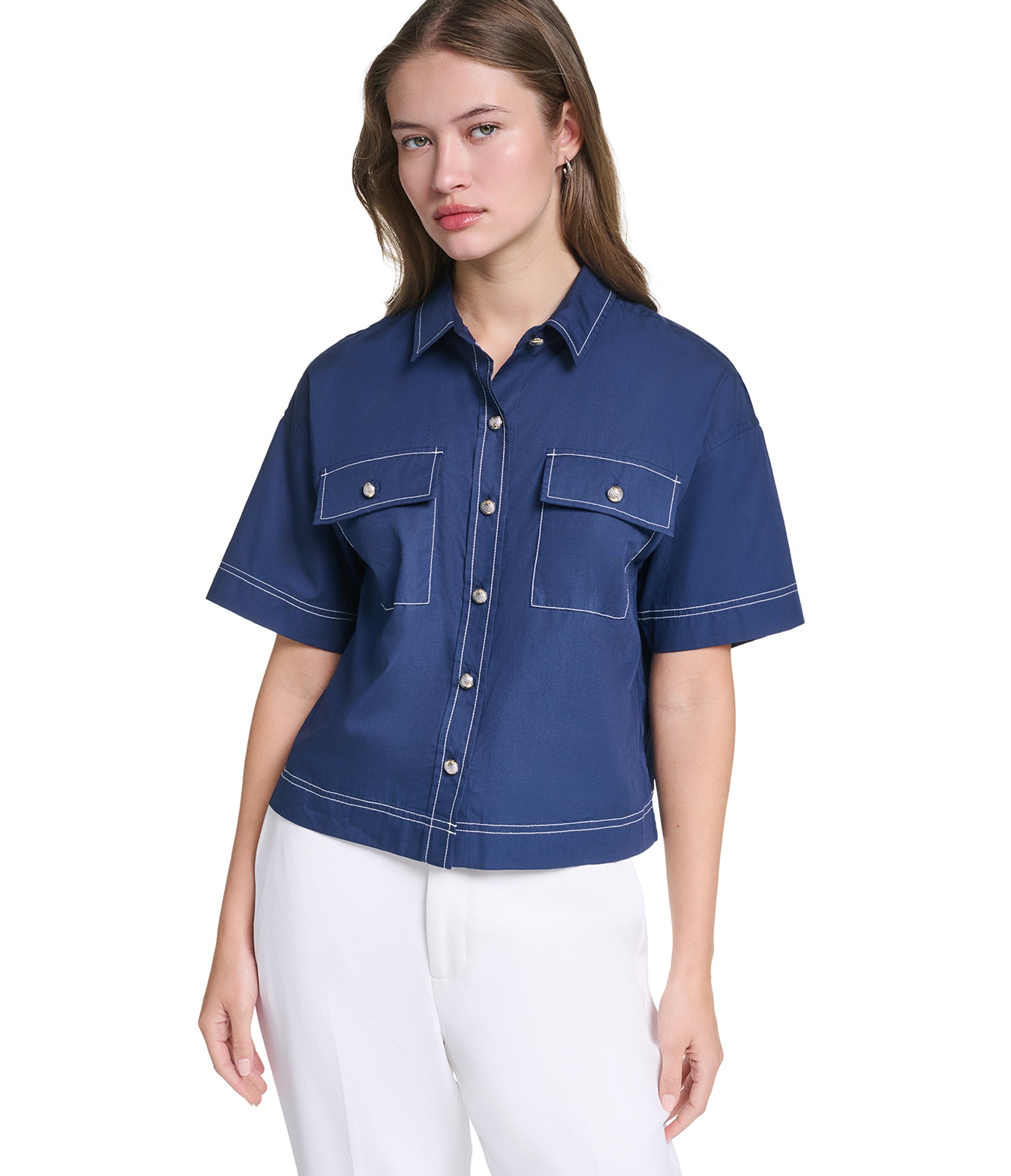 SHORT SLEEVE CROPPED POPLIN BUTTON DOWN VIEW 1