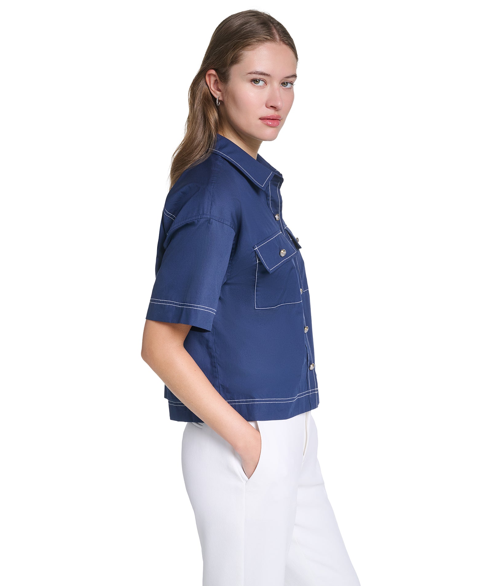 SHORT SLEEVE CROPPED POPLIN BUTTON DOWN VIEW 3