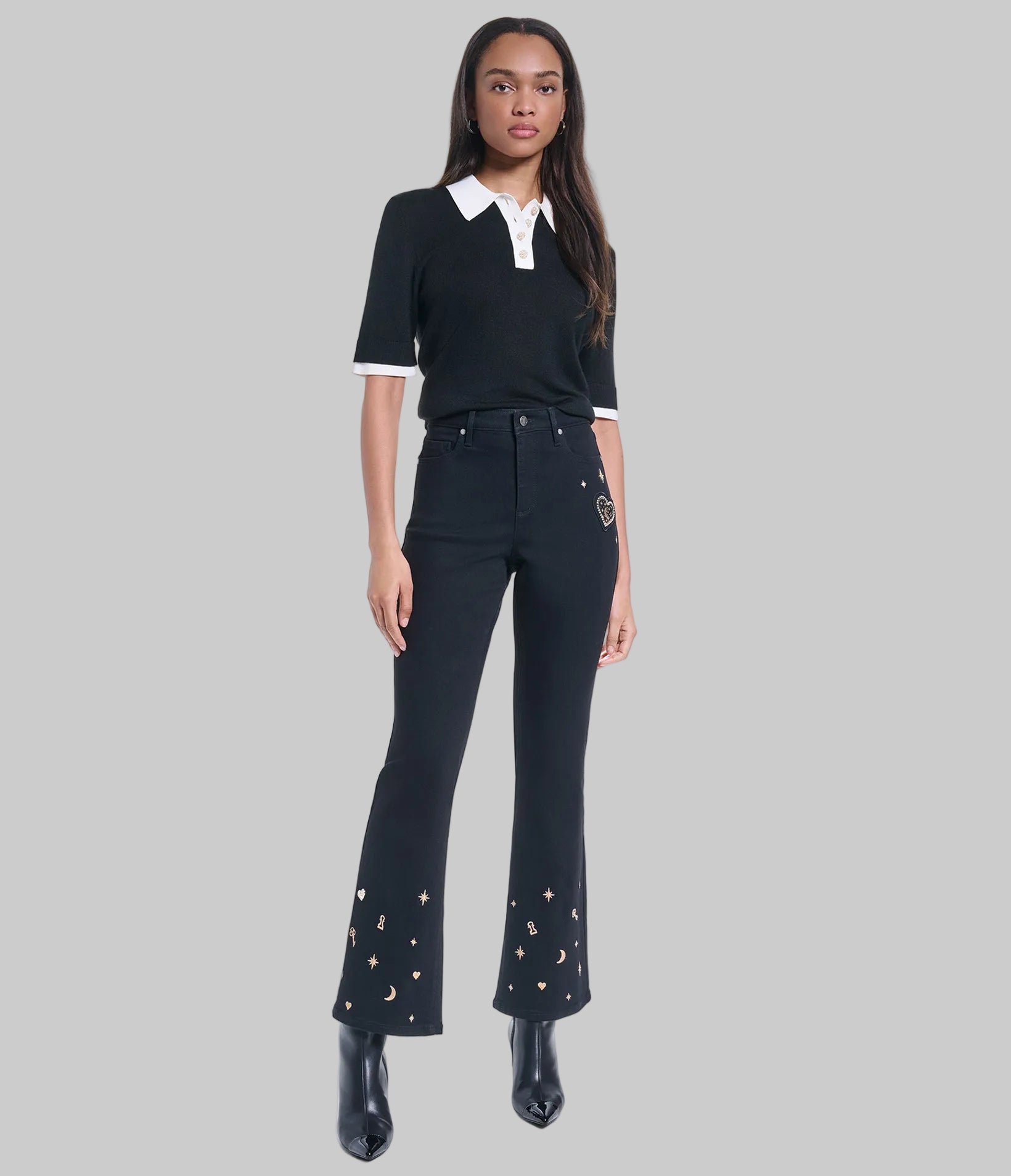 EMBROIDERED KEYS FLARE DENIM PANT VIEW 5 | Women's Clothing