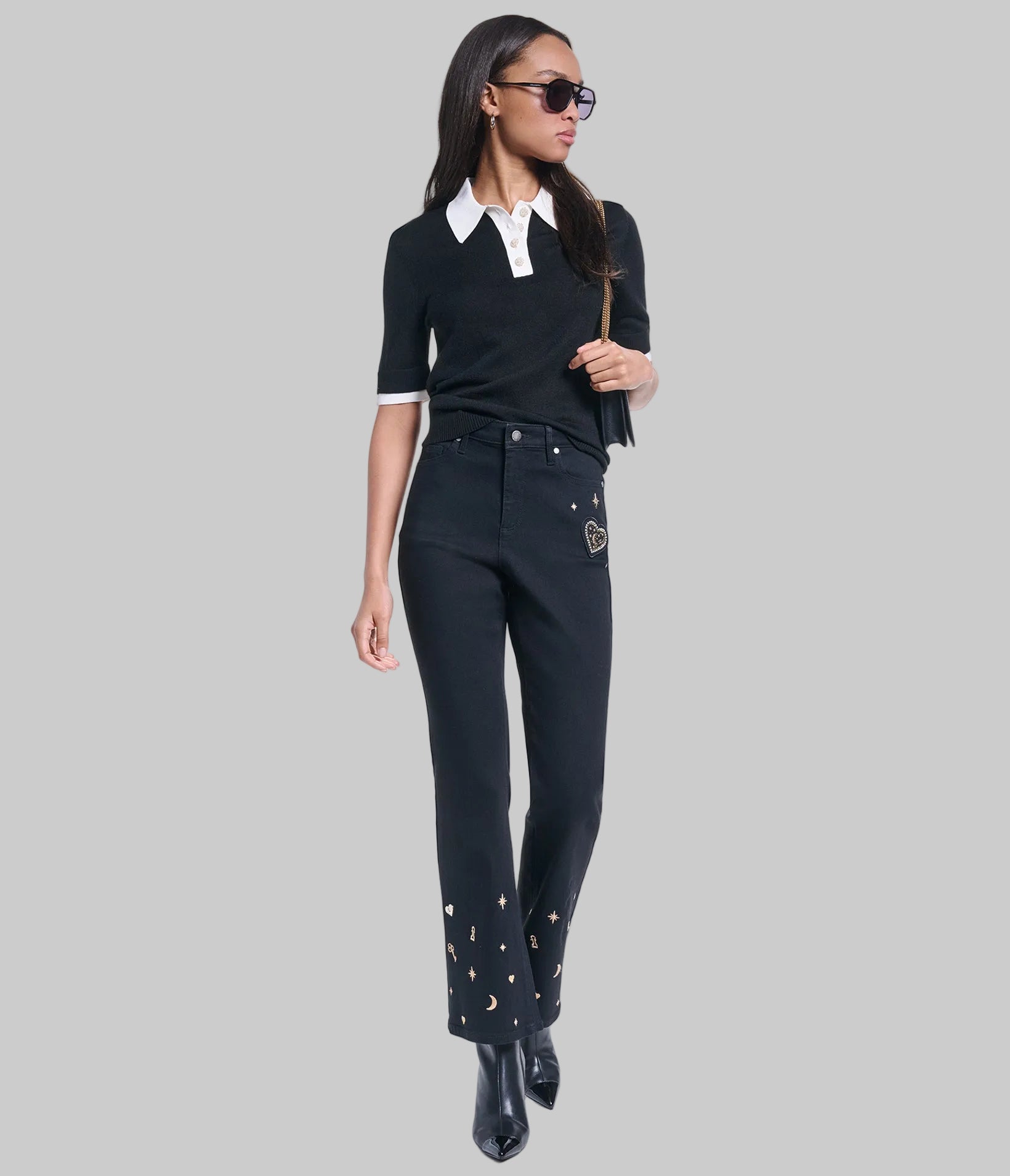 EMBROIDERED KEYS FLARE DENIM PANT VIEW 4 | Women's Clothing