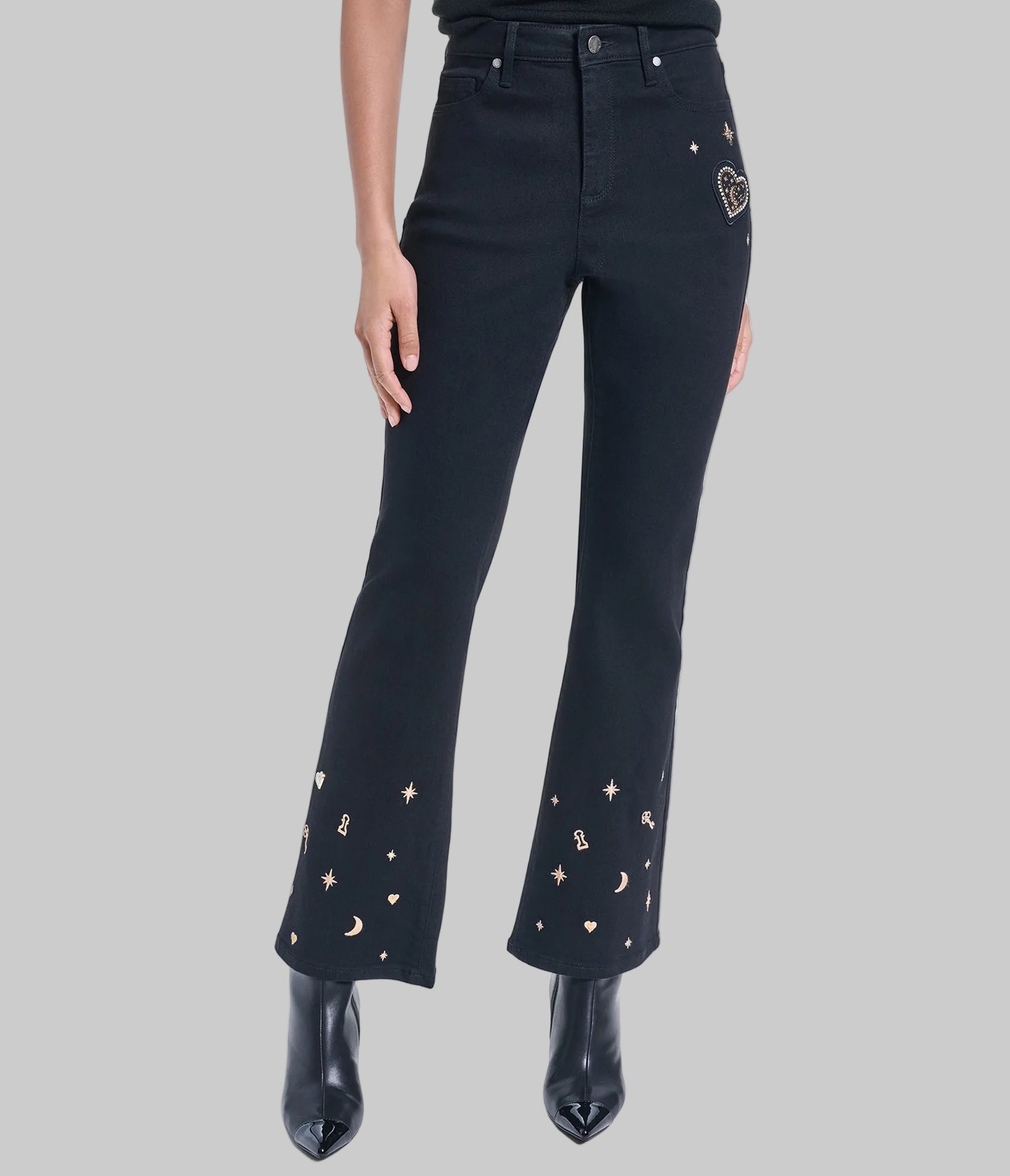 EMBROIDERED KEYS FLARE DENIM PANT View 1 | Women's Clothing