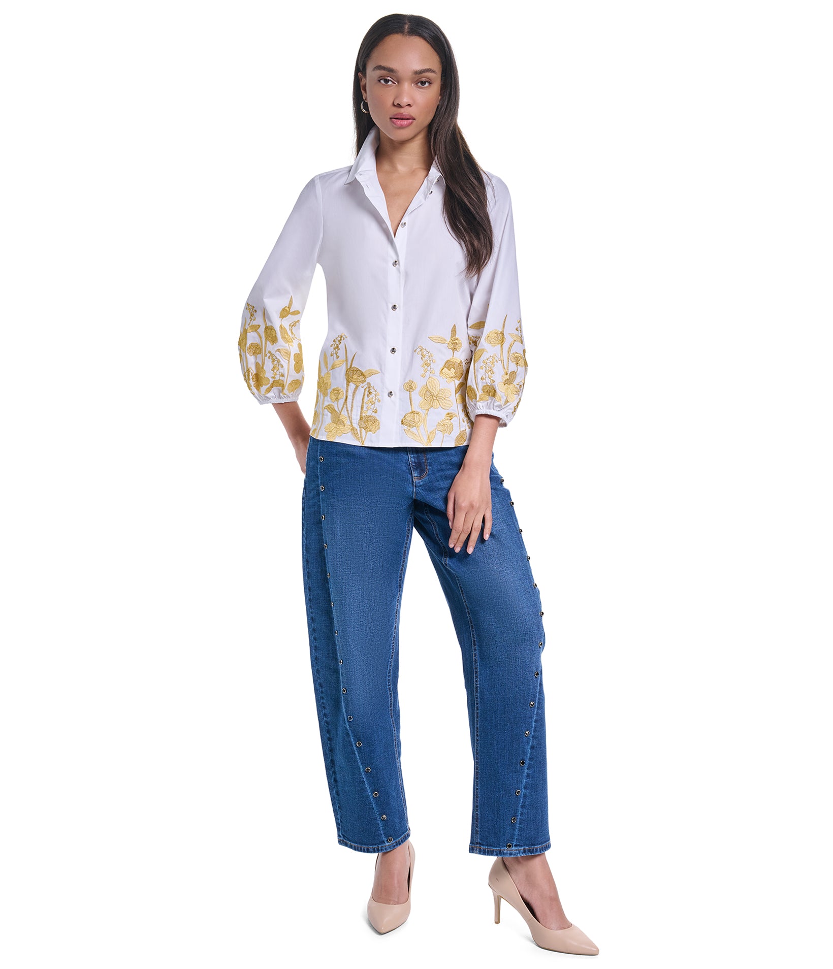GOLD EMBROIDERY PUFF SLEEVE BUTTON DOWN VIEW 5