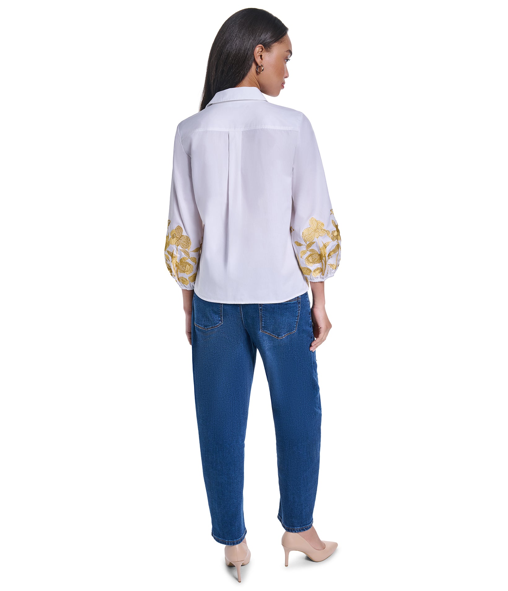 GOLD EMBROIDERY PUFF SLEEVE BUTTON DOWN VIEW 6