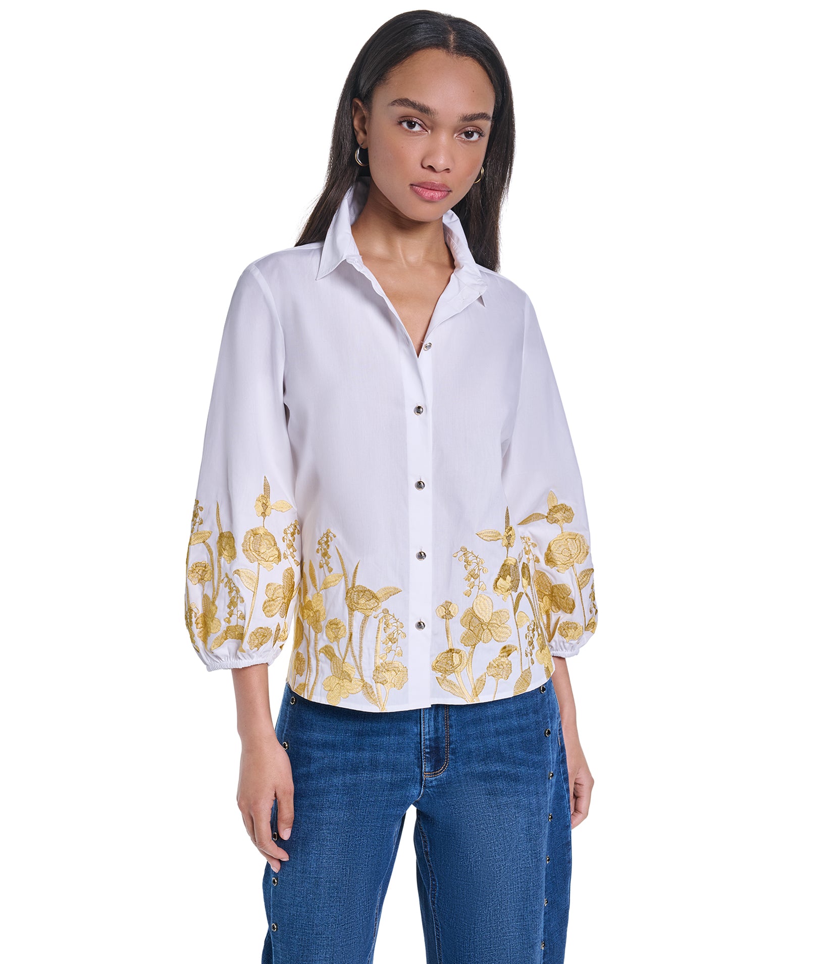 GOLD EMBROIDERY PUFF SLEEVE BUTTON DOWN VIEW 2