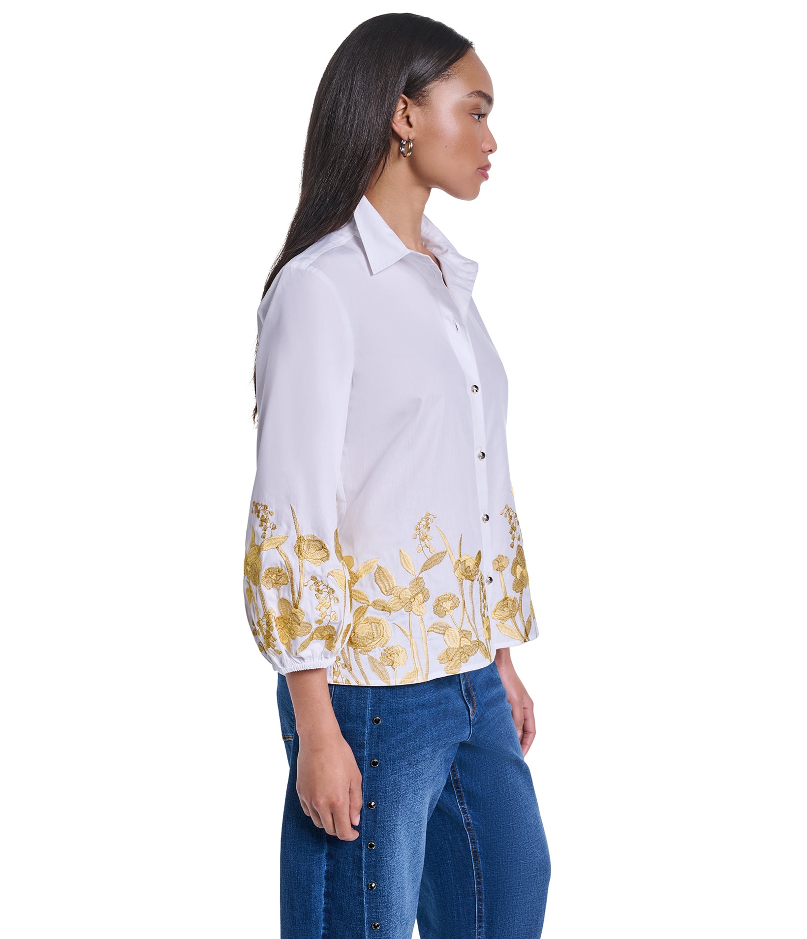 GOLD EMBROIDERY PUFF SLEEVE BUTTON DOWN VIEW 4