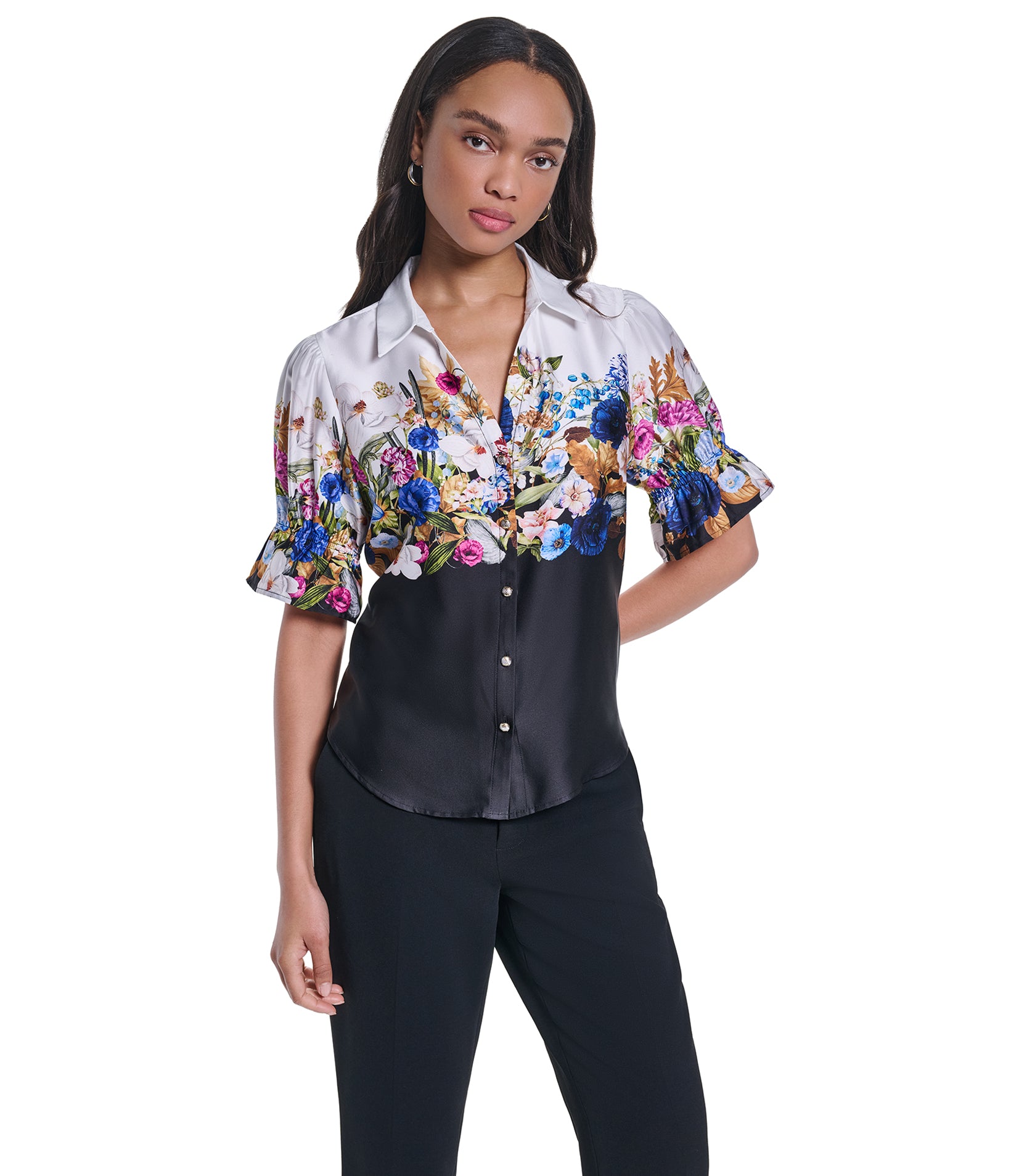 SHORT SLEEVE FLORAL WOVEN TOP VIEW 1